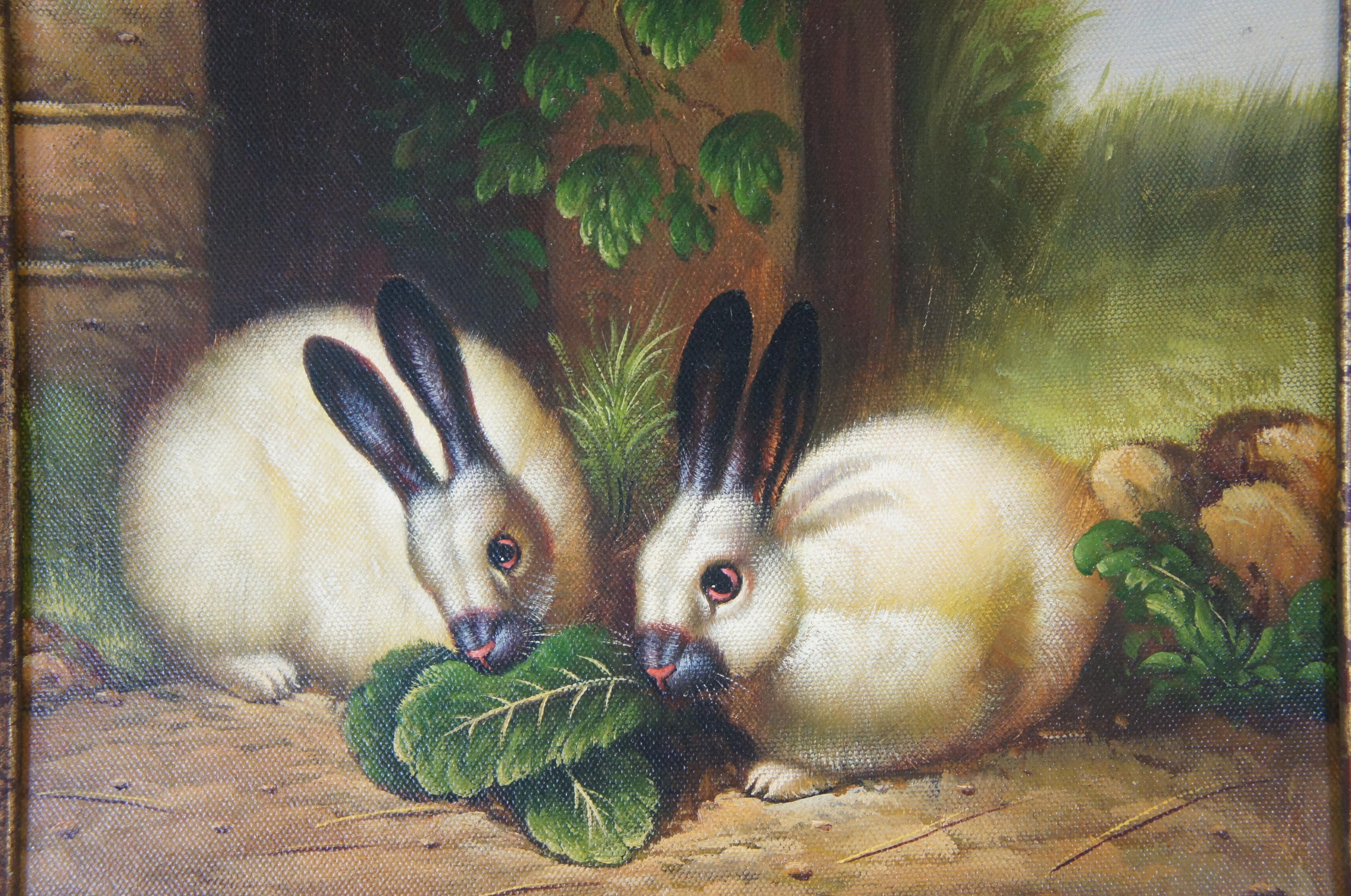 Canvas Pair 20th Century Realist Bunny Portraits Oil Painting Farmhouse Rabbits Framed