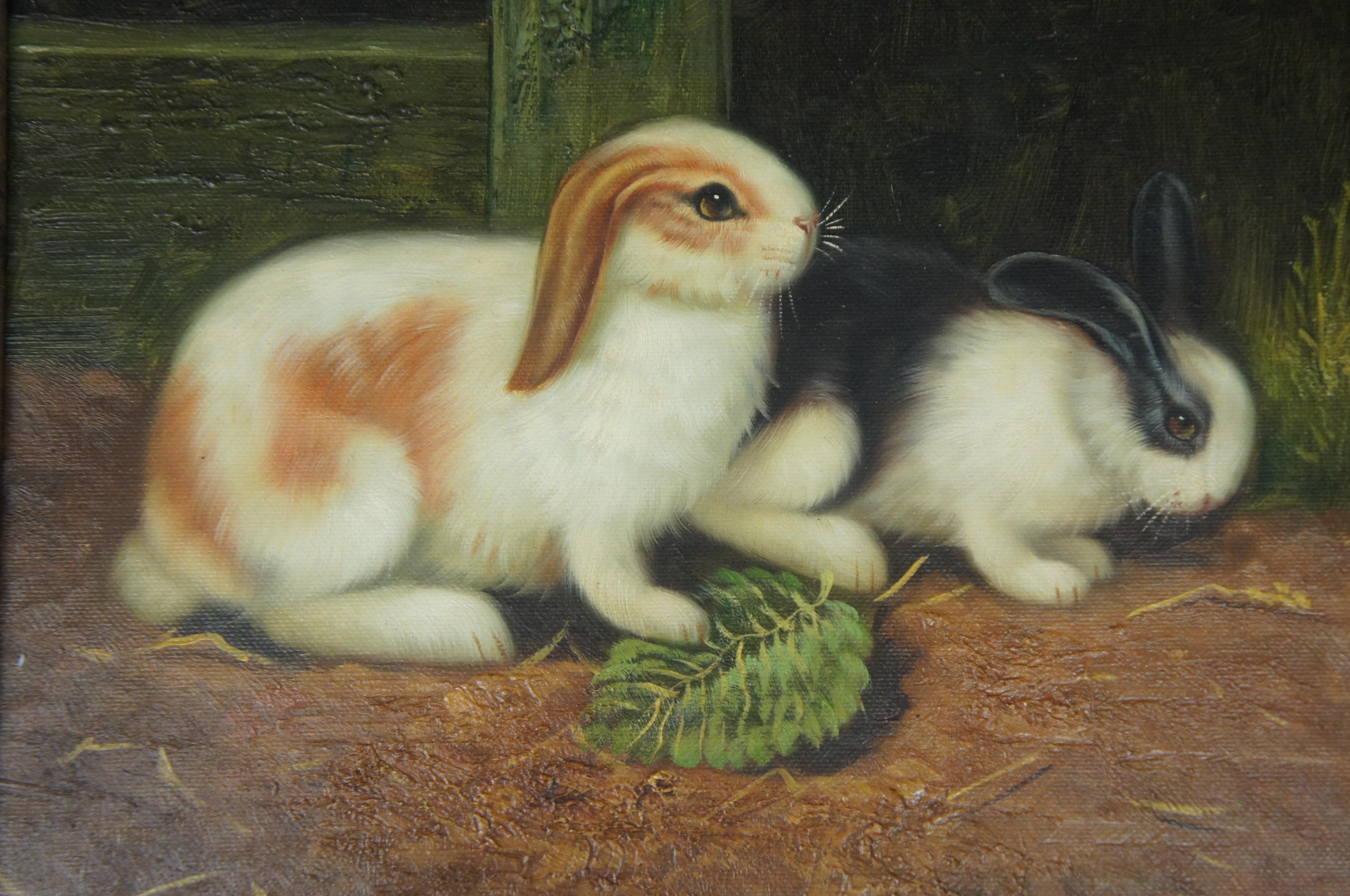 Pair 20th Century Realist Bunny Portraits Oil Painting Farmhouse Rabbits Framed 1