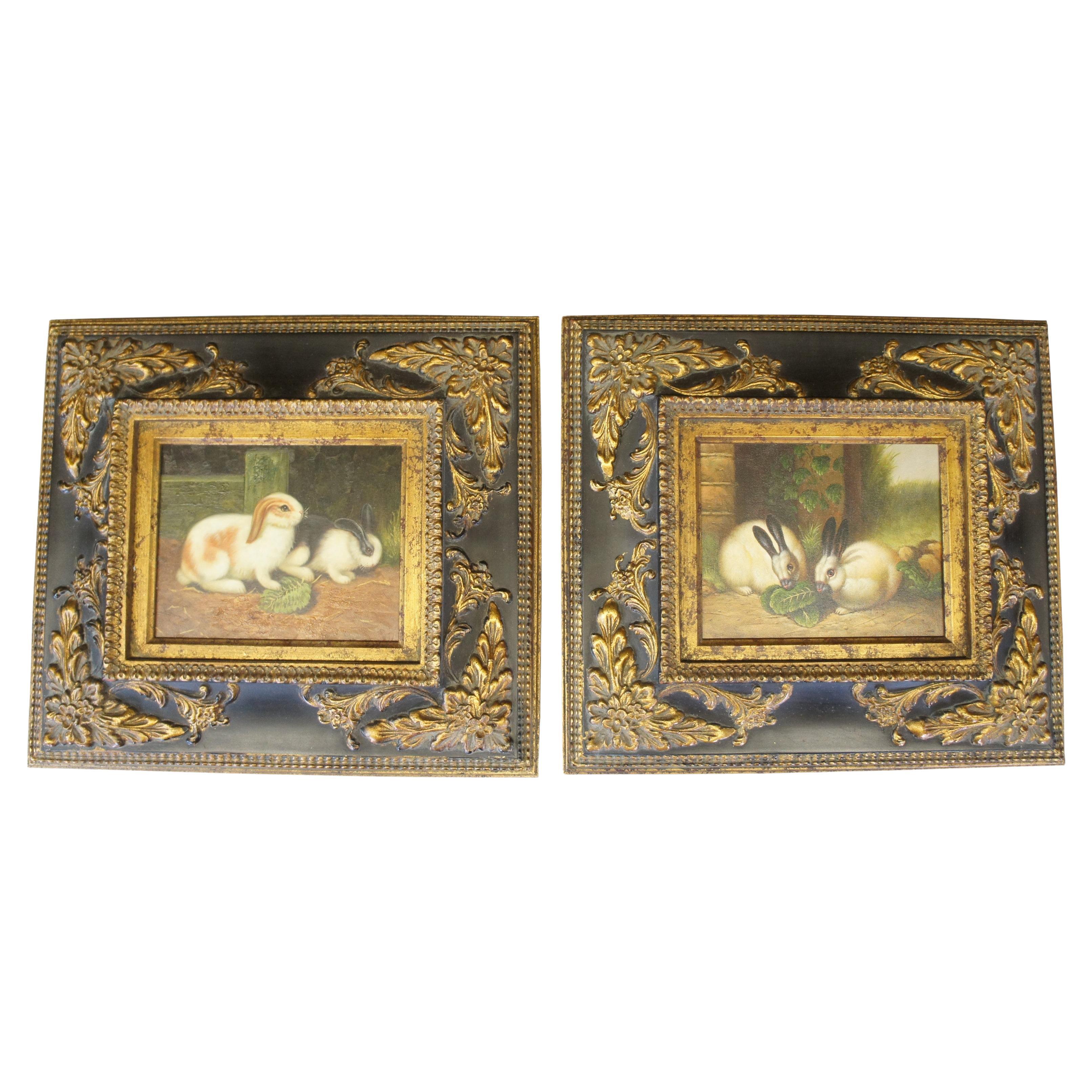Pair 20th Century Realist Bunny Portraits Oil Painting Farmhouse Rabbits Framed