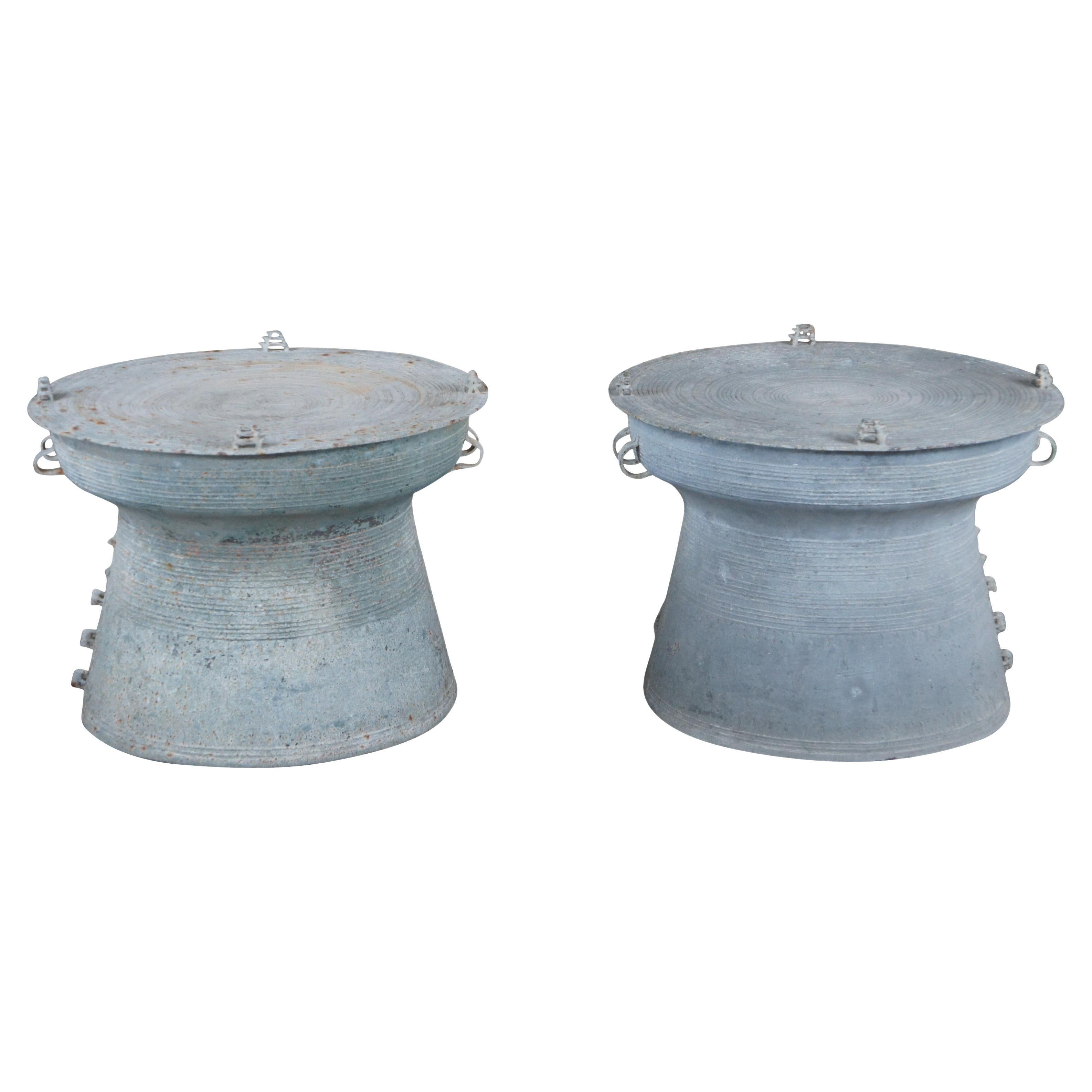 Pair 20th Century Southeast Asian Burmese Bronze Rain Drum Cocktail Tables