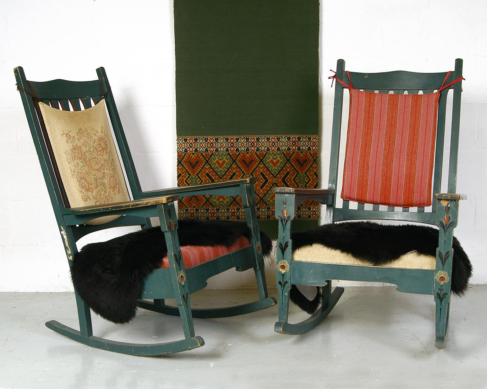 Beech 20th Century Swedish Dalarna Folk Art Painted Scandinavian Rocking Chairs, Pair