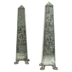 Vintage Pair 20th Century Venetian Silver Giltwood Mirrored Obelisks