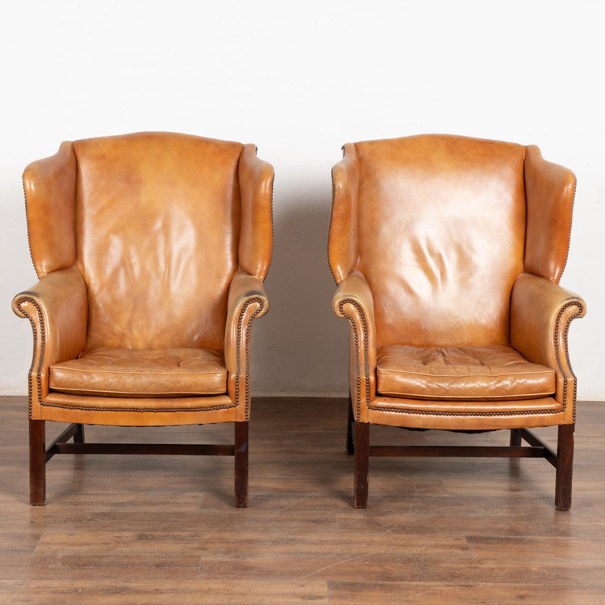 Danish Pair, 20th Century Vintage Leather Wingback Armchairs, Denmark For Sale