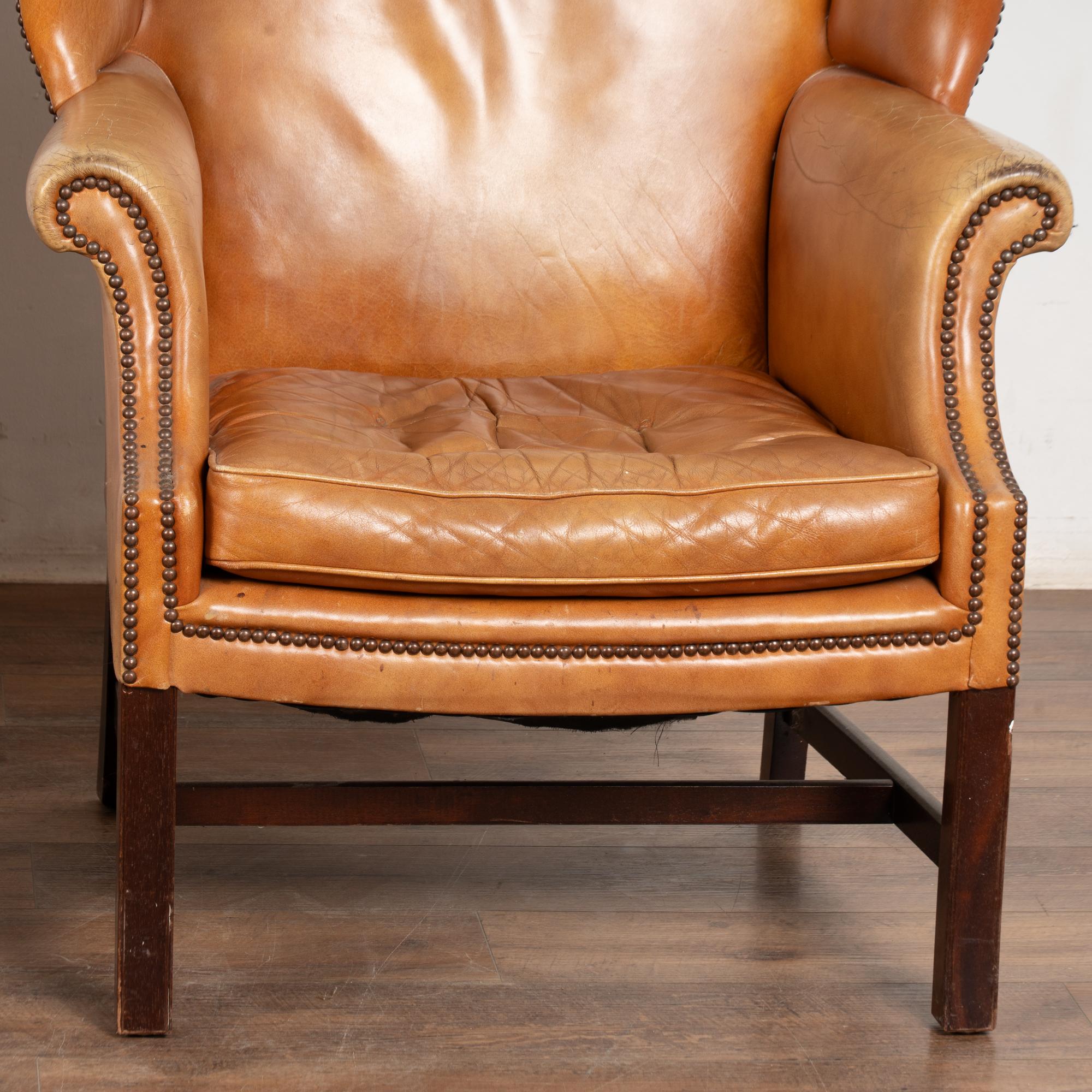Pair, 20th Century Vintage Leather Wingback Armchairs, Denmark In Distressed Condition For Sale In Round Top, TX