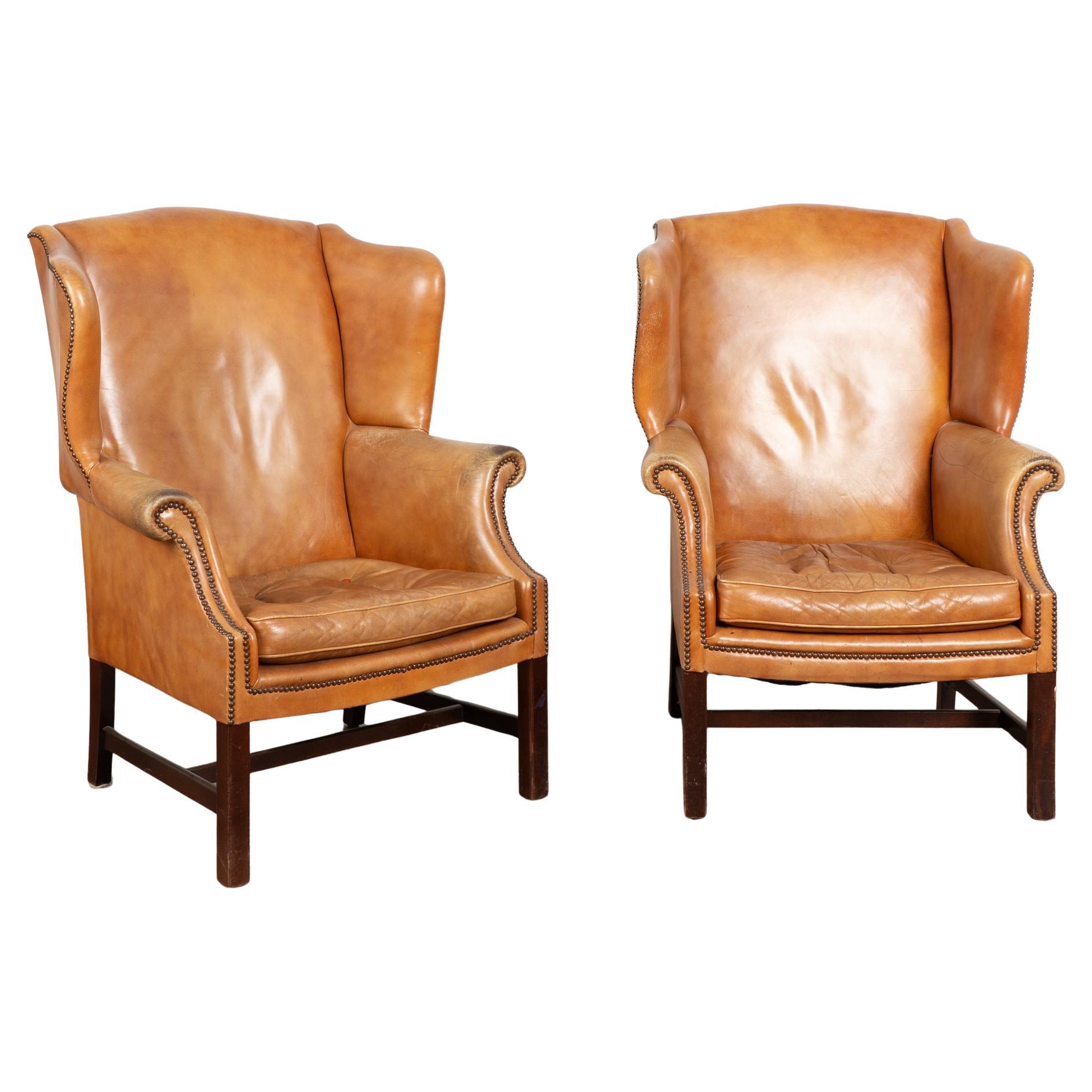 Pair, 20th Century Vintage Leather Wingback Armchairs, Denmark For Sale
