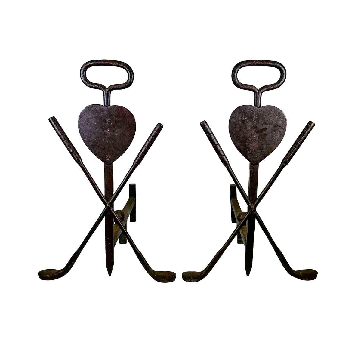 American Pair of 20th Century Wrought Iron Folk Art Golf Andirons