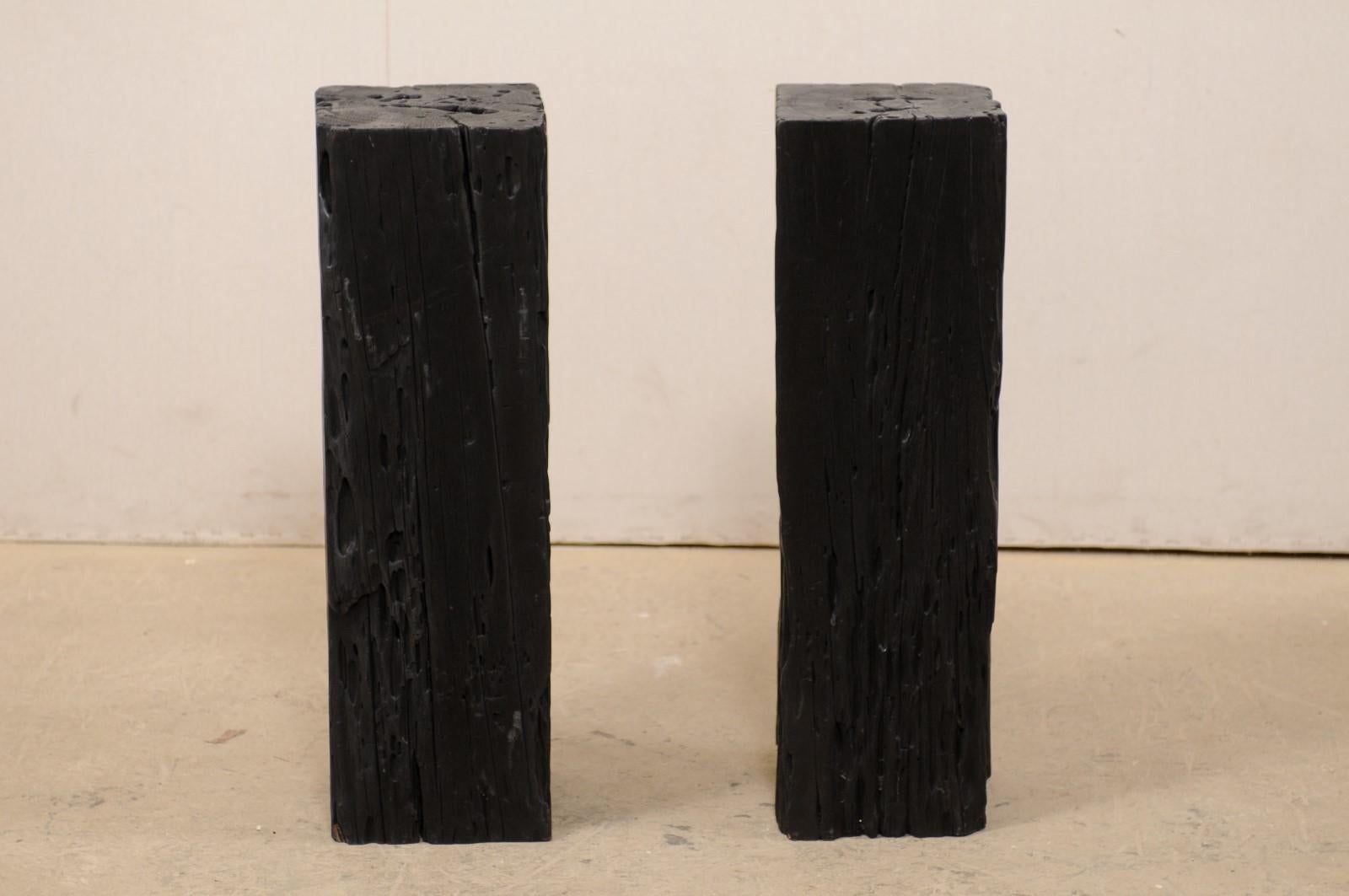 Pair 2.5 Ft Tall Carbonized Wood Square Shaped Pedestals, Rich Black Color  For Sale 4