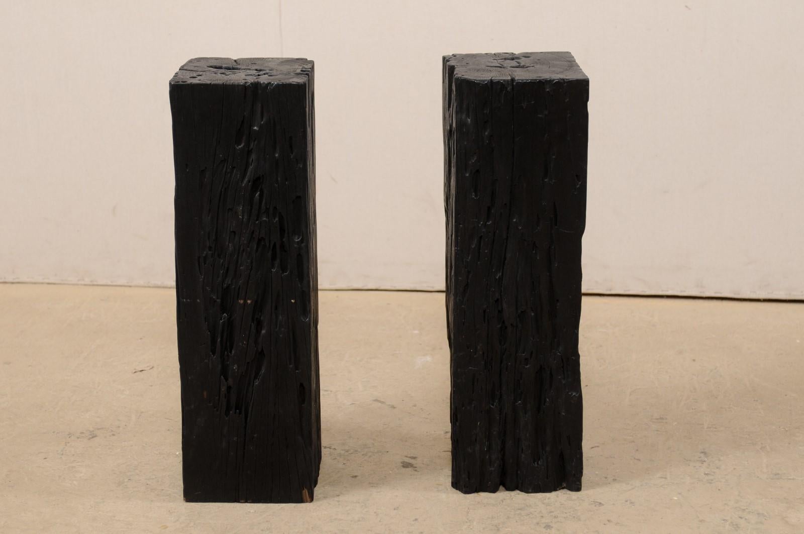 Pair 2.5 Ft Tall Carbonized Wood Square Shaped Pedestals, Rich Black Color  For Sale 5