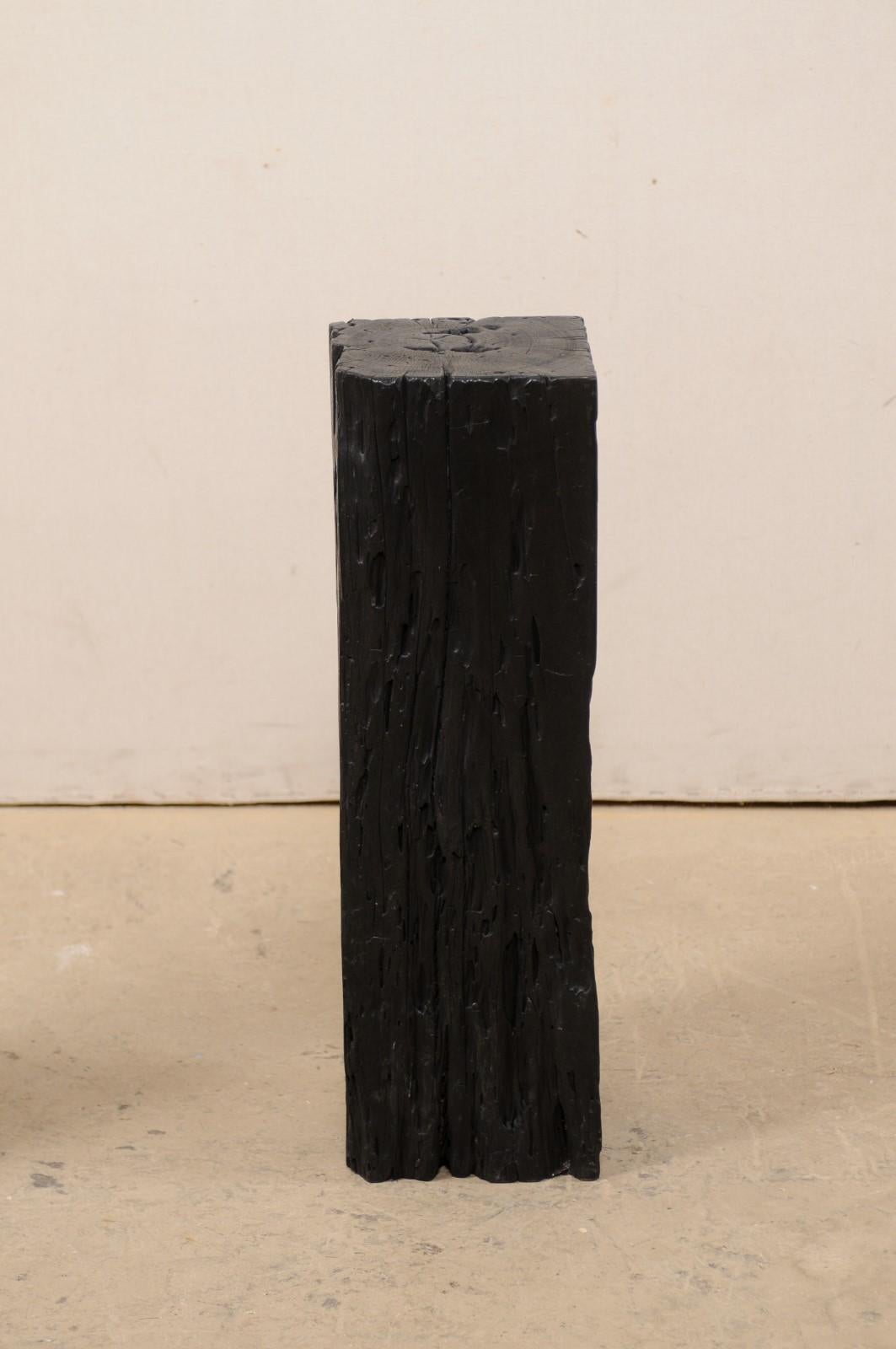 Pair 2.5 Ft Tall Carbonized Wood Square Shaped Pedestals, Rich Black Color  In Good Condition For Sale In Atlanta, GA