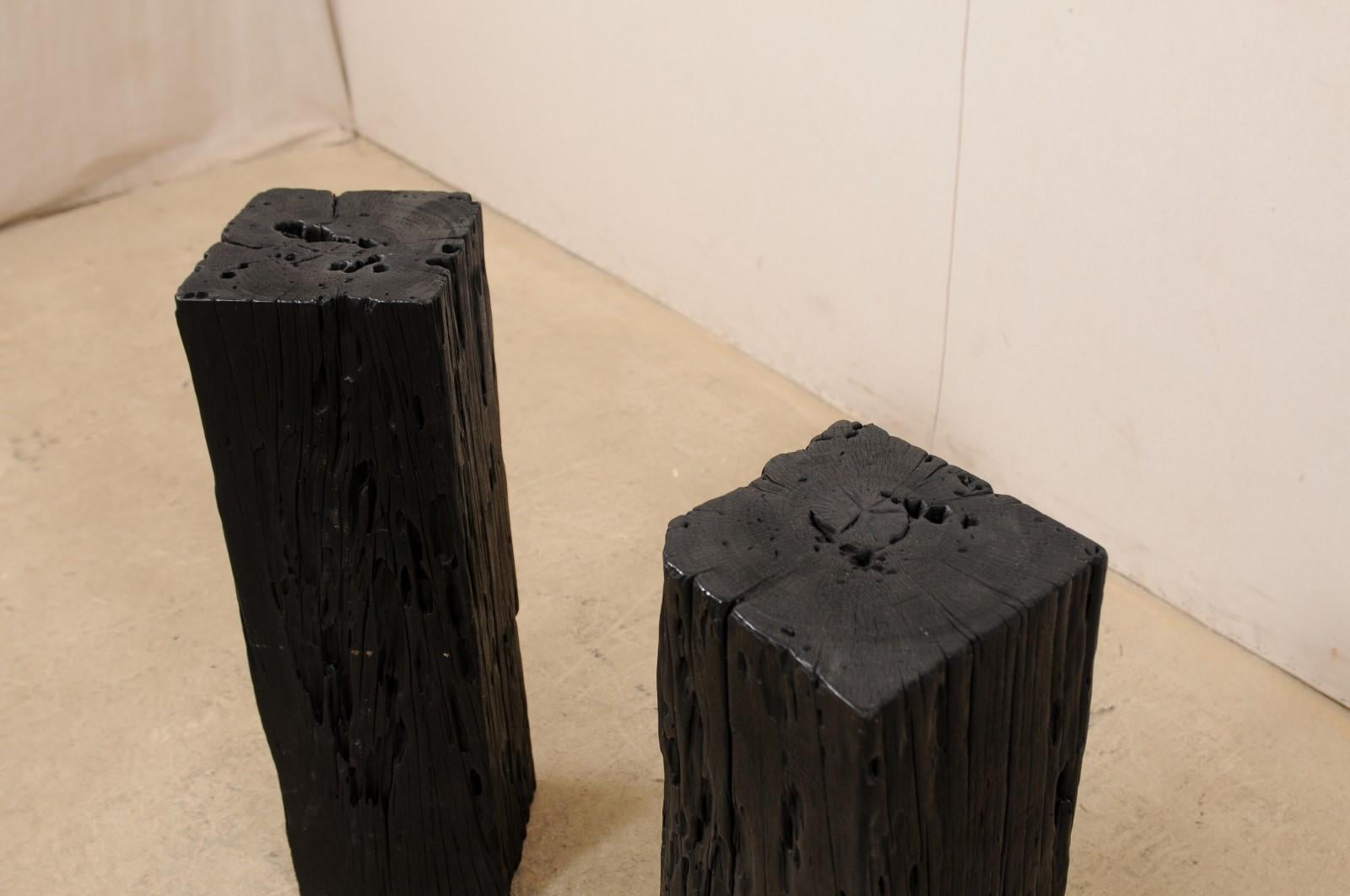 20th Century Pair 2.5 Ft Tall Carbonized Wood Square Shaped Pedestals, Rich Black Color  For Sale