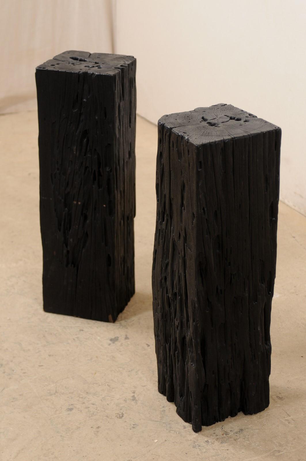 Pair 2.5 Ft Tall Carbonized Wood Square Shaped Pedestals, Rich Black Color  For Sale 1