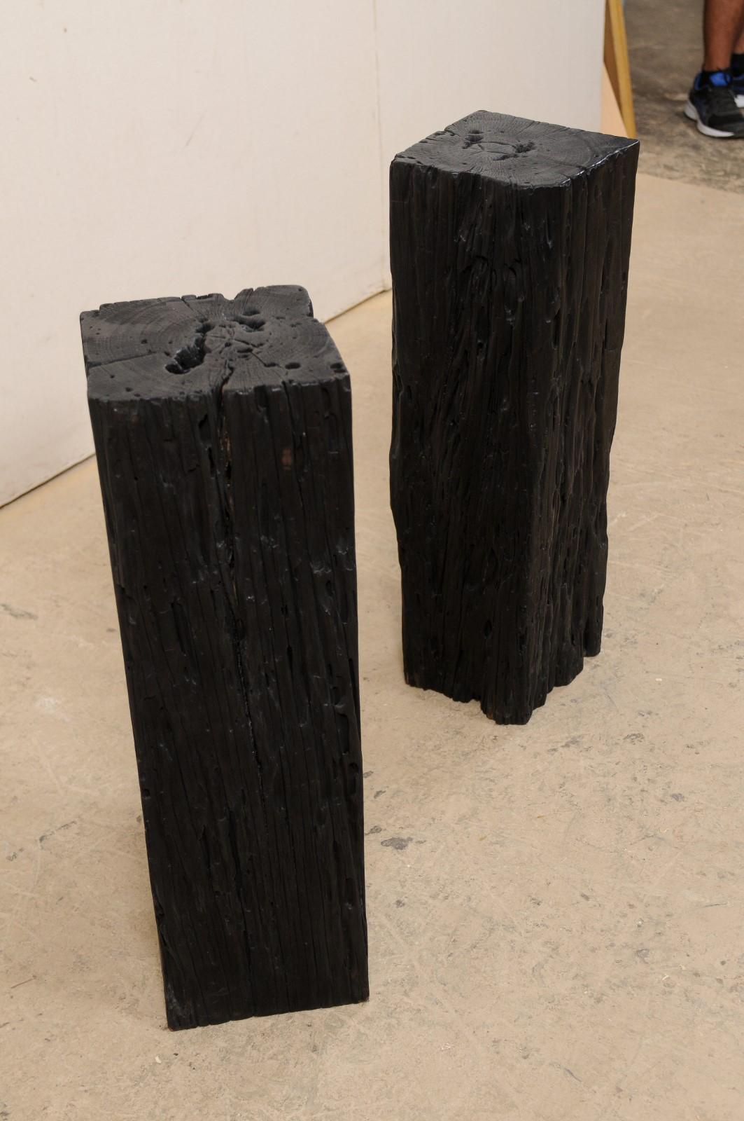 Pair 2.5 Ft Tall Carbonized Wood Square Shaped Pedestals, Rich Black Color  For Sale 2