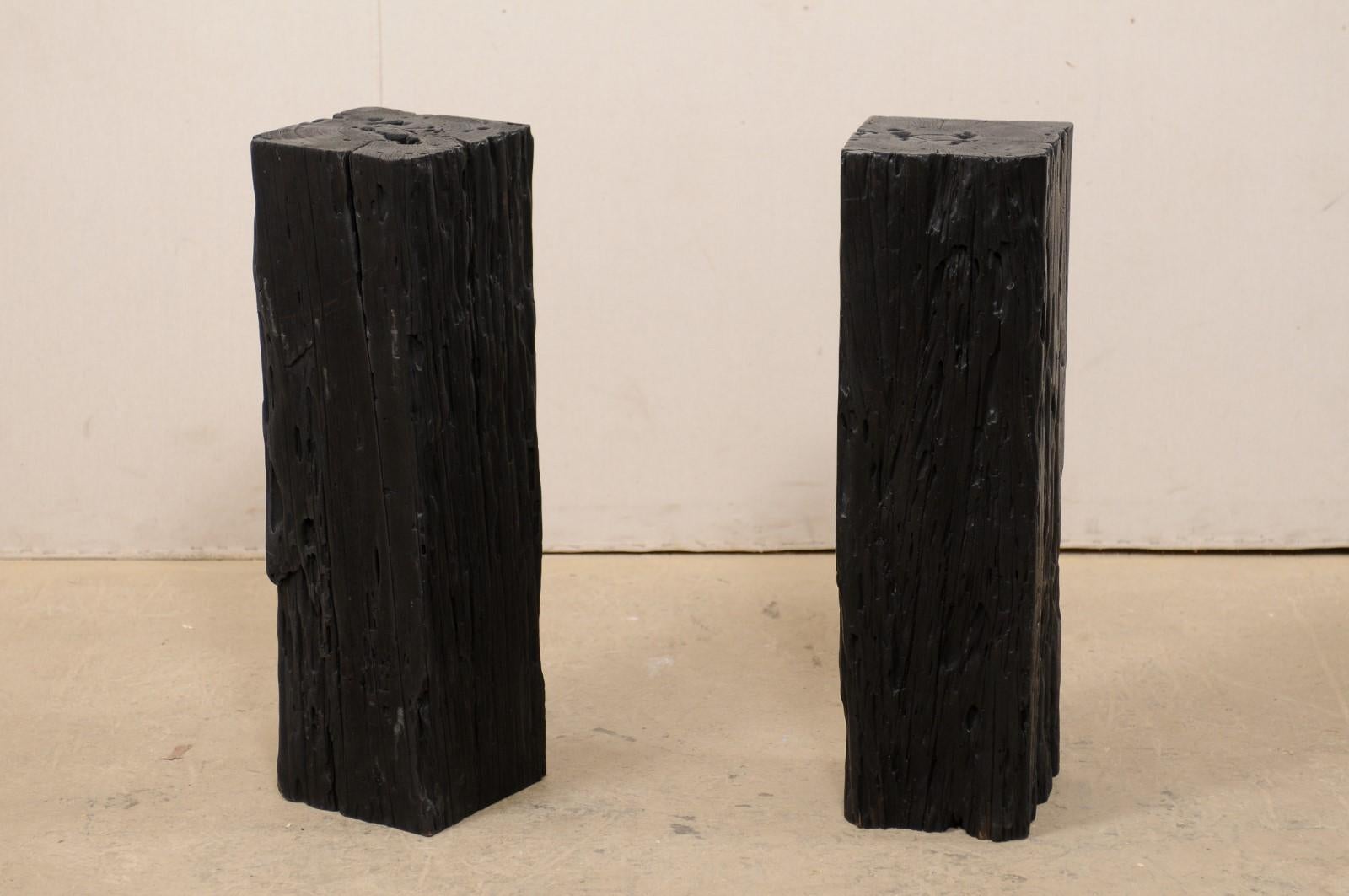 Pair 2.5 Ft Tall Carbonized Wood Square Shaped Pedestals, Rich Black Color  For Sale 3
