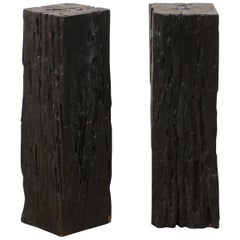 Vintage Pair 2.5 Ft Tall Carbonized Wood Square Shaped Pedestals, Rich Black Color 