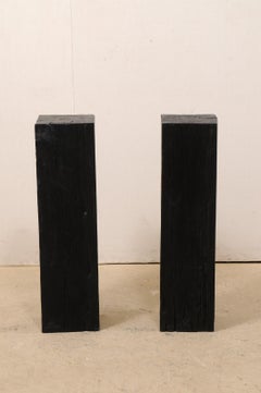 Pair of Tall Carbonized Wood Square Shaped Pedestals, Rich Black Color