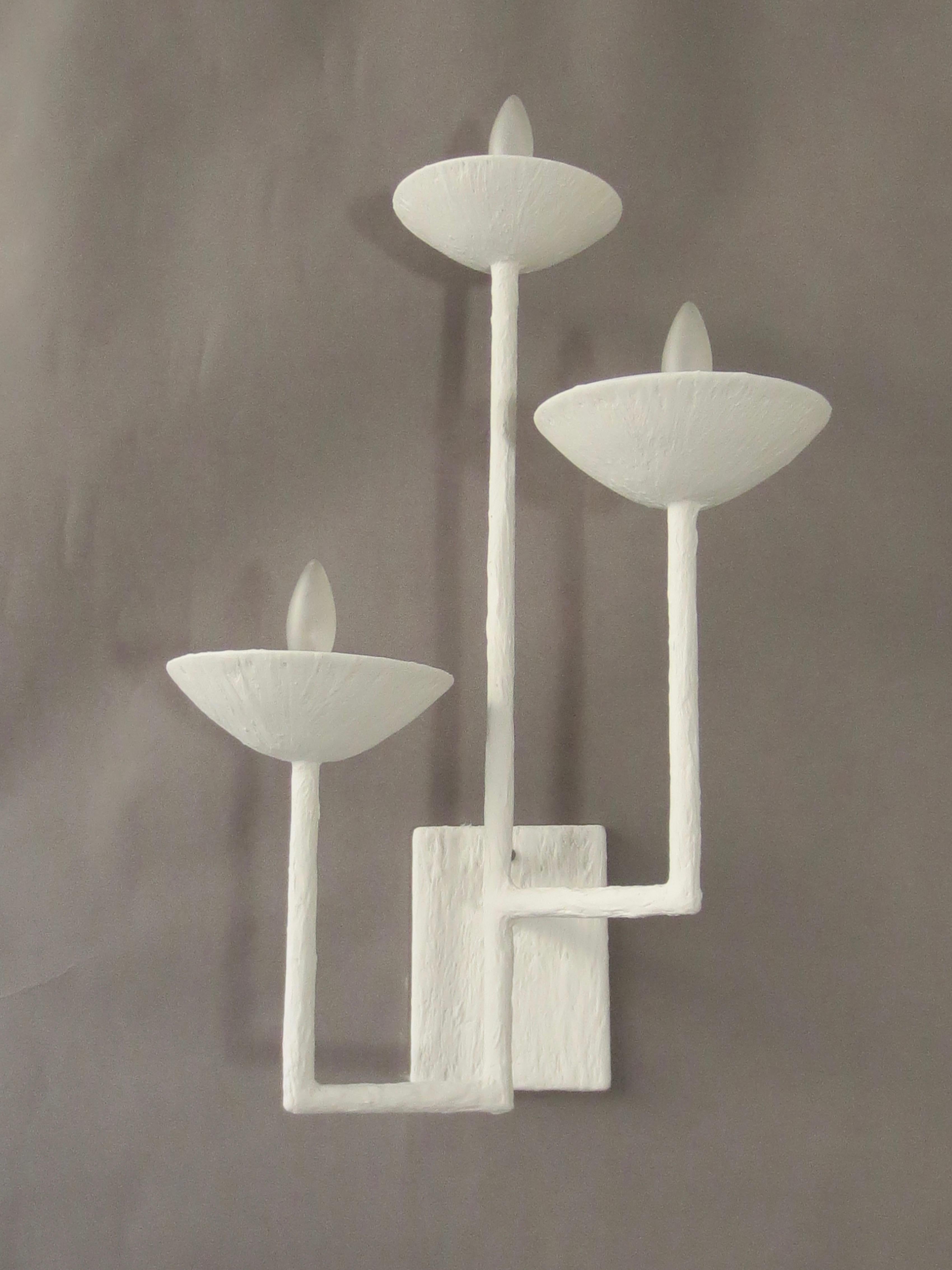 Contemporary Pair 3 Armed Plaster Sconces For Sale