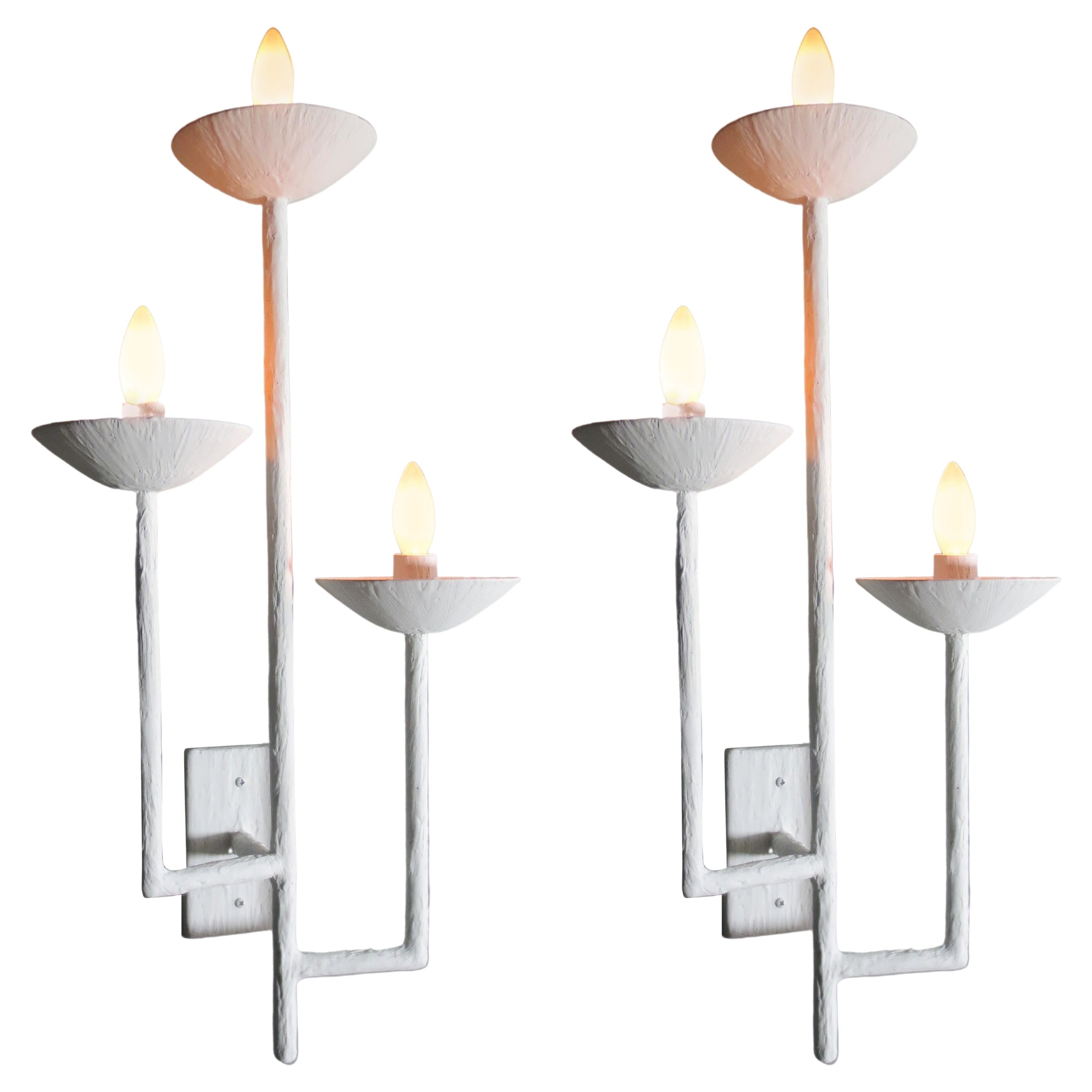 Pair 3 Armed Plaster Sconces