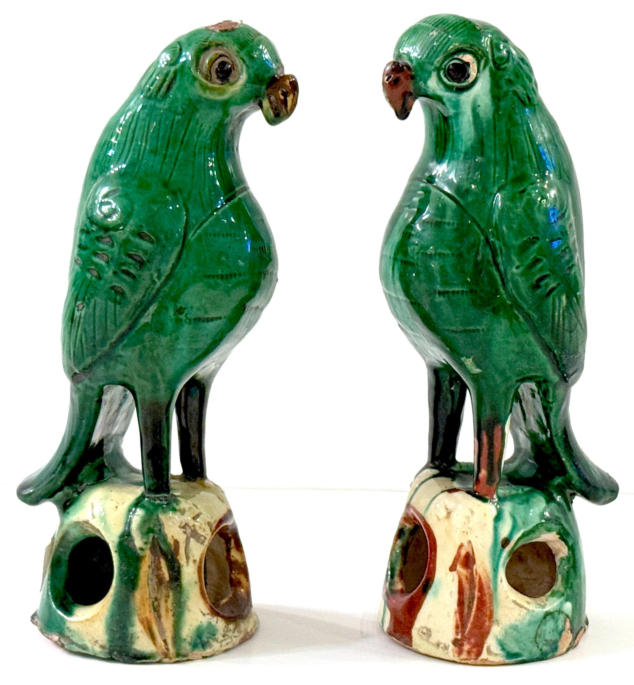 Pair #3 Chinese Export Porcelain Green Sancai Glazed Parrots In Good Condition For Sale In West Palm Beach, FL