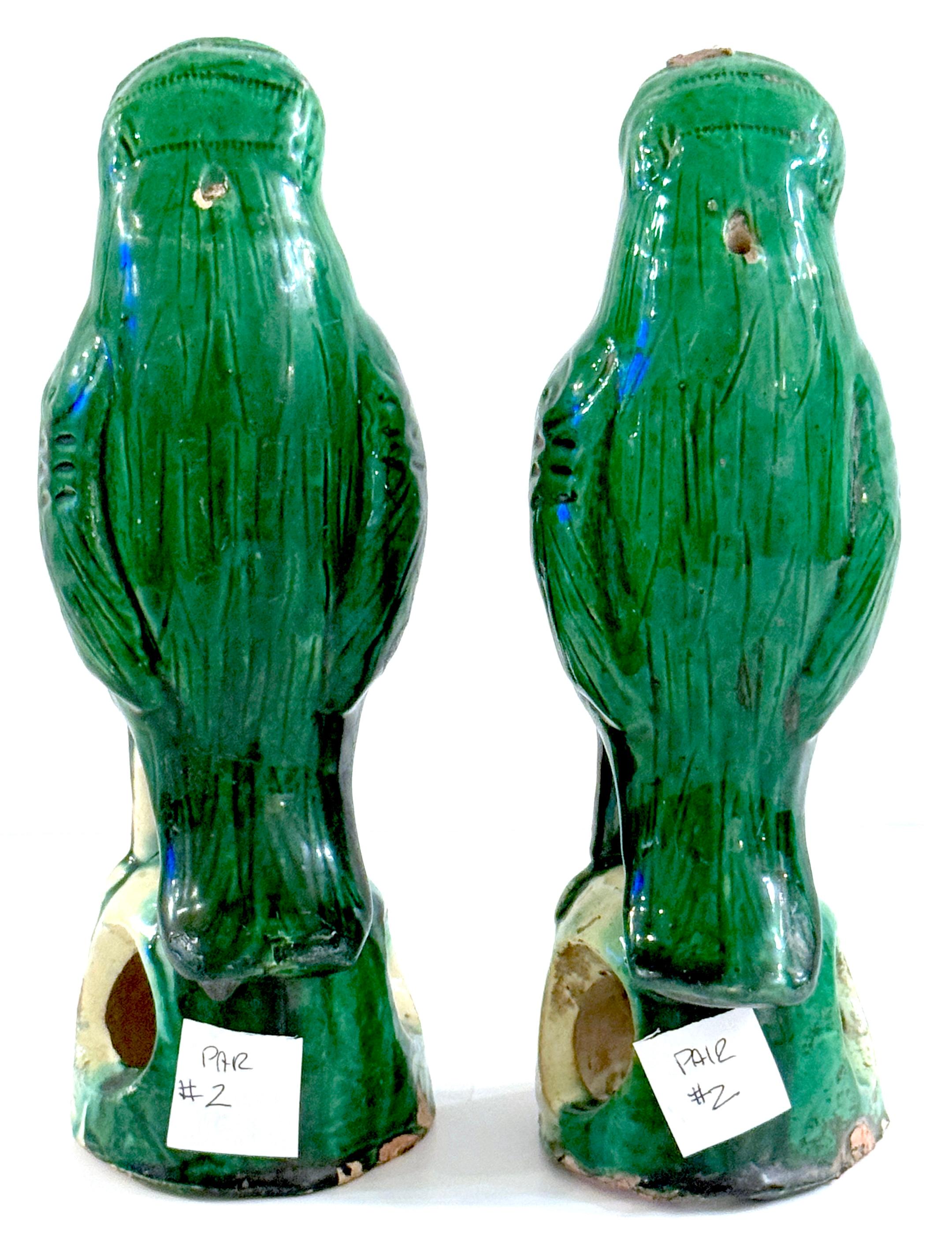19th Century Pair #3 Chinese Export Porcelain Green Sancai Glazed Parrots For Sale