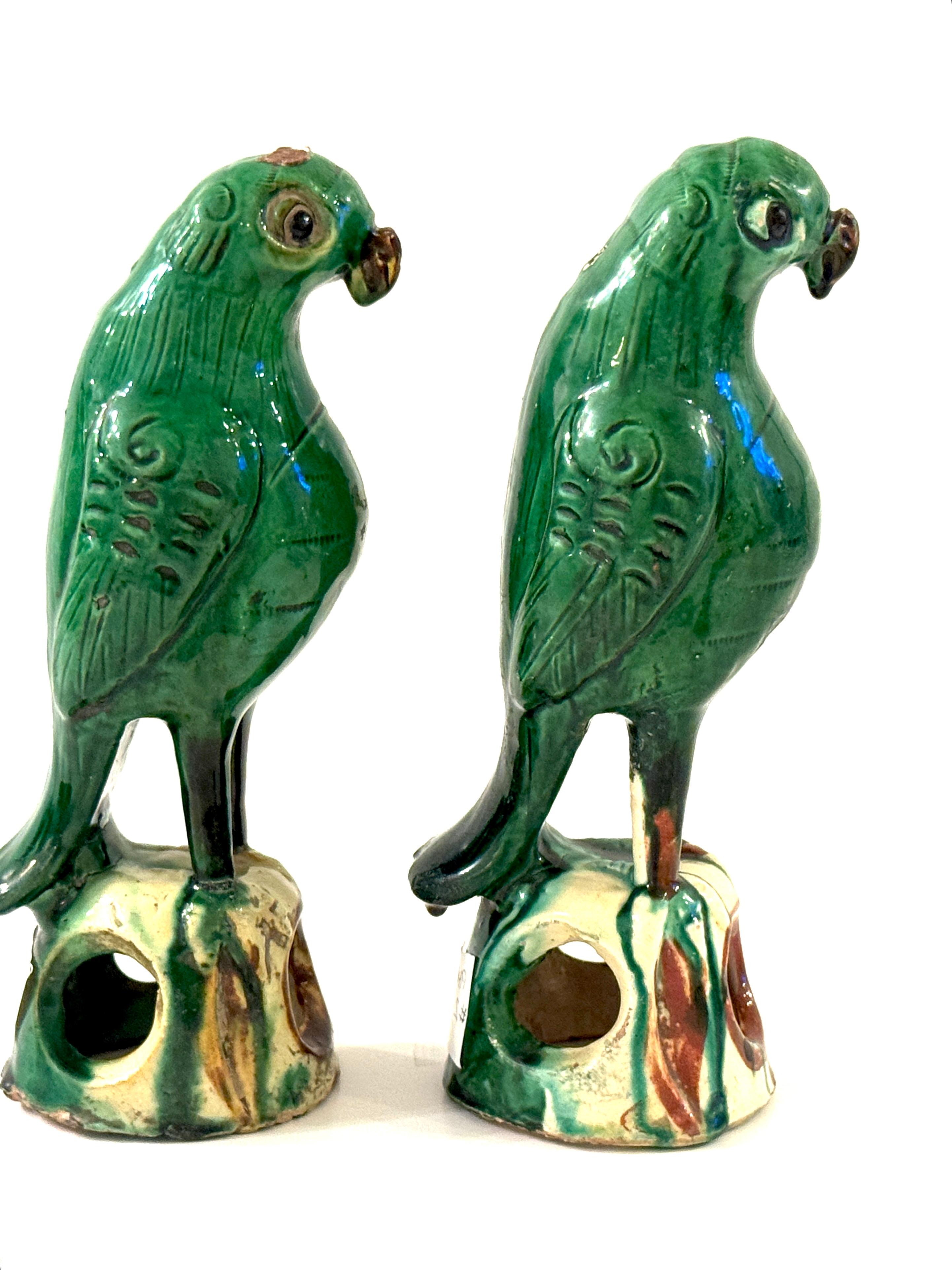 Ceramic Pair #3 Chinese Export Porcelain Green Sancai Glazed Parrots For Sale