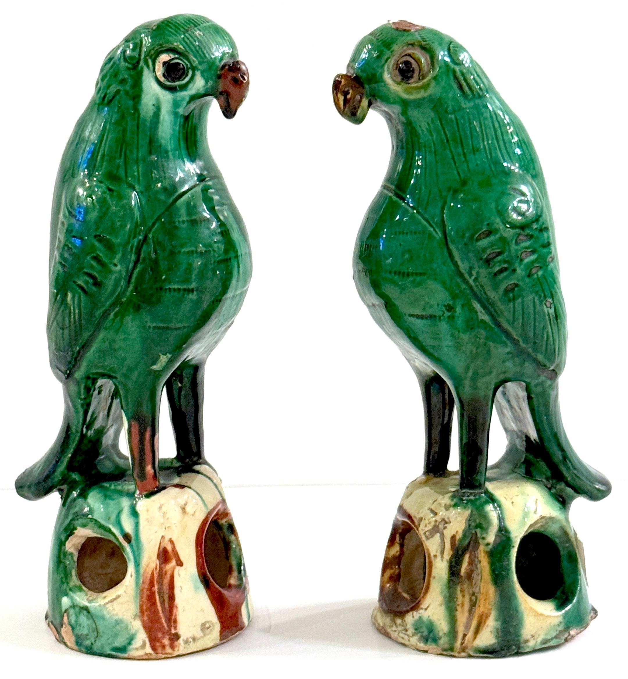 Pair #3 Chinese Export Porcelain Green Sancai Glazed Parrots For Sale 2