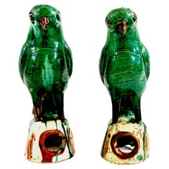 Pair #3 Chinese Export Porcelain Green Sancai Glazed Parrots