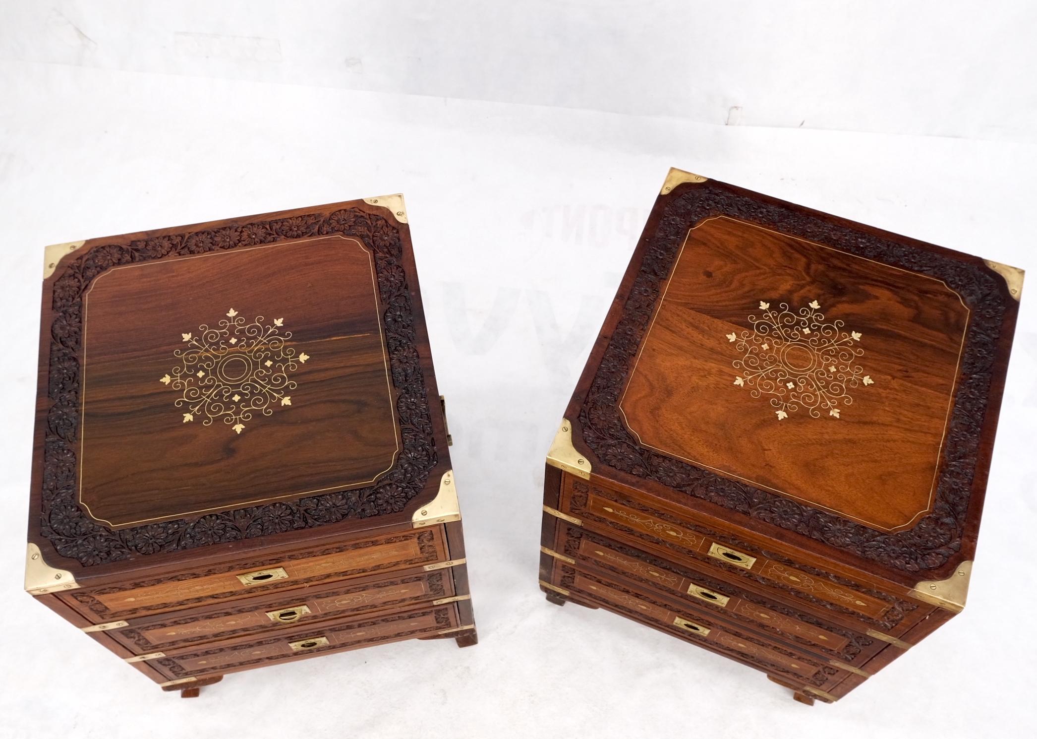 Pair 3 Drawer Solid Rosewood Campaign Style Brass Inlay Decorated Night Stands For Sale 6