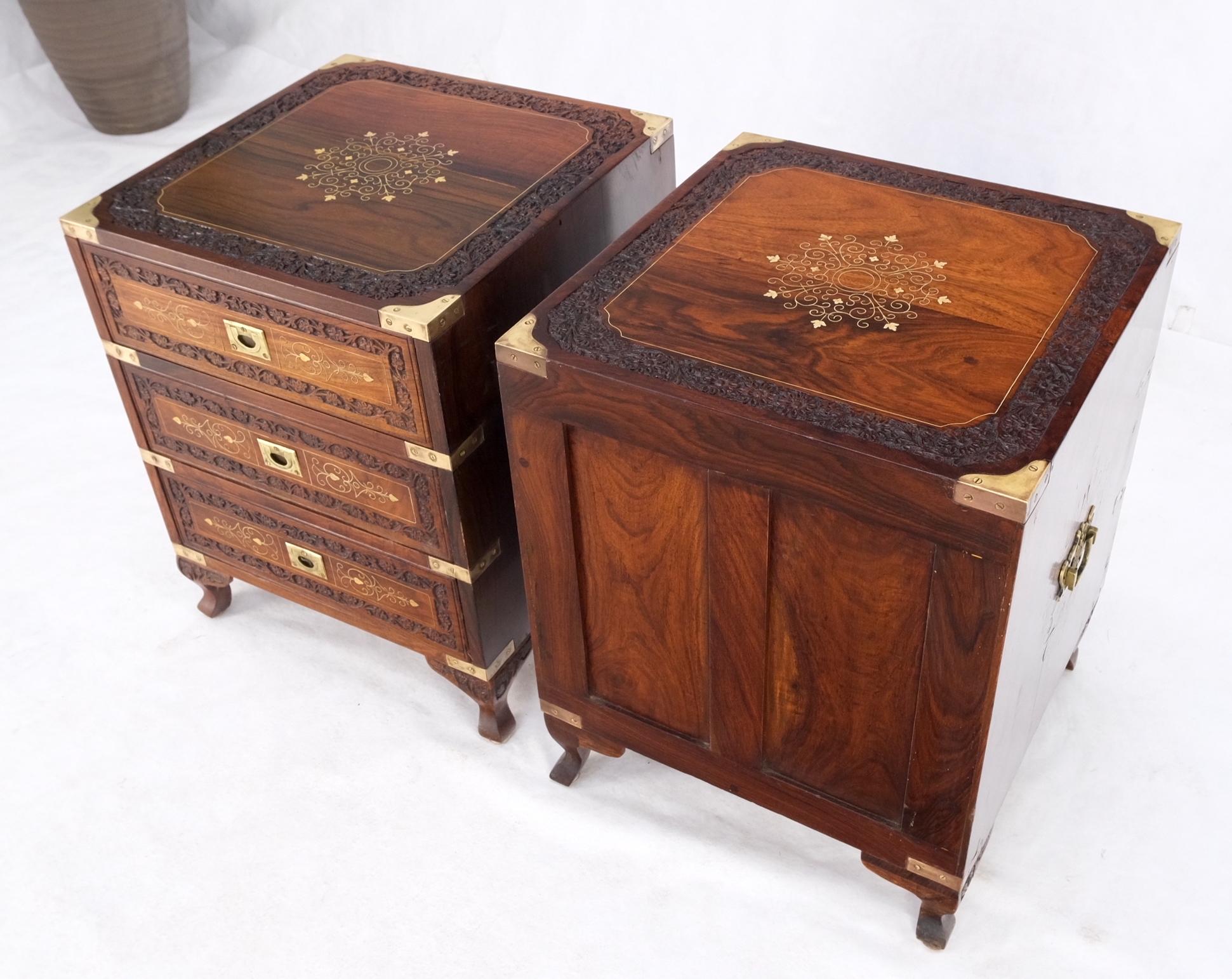 Pair 3 Drawer Solid Rosewood Campaign Style Brass Inlay Decorated Night Stands For Sale 10