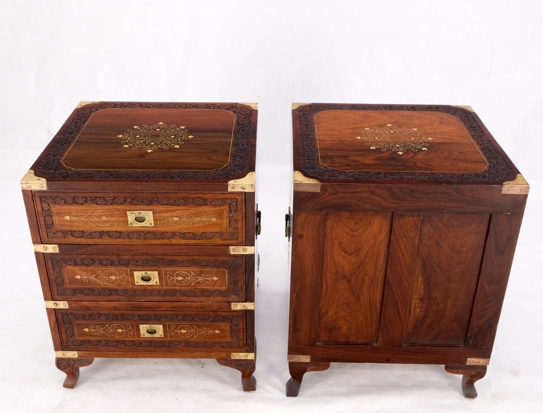 Pair 3 Drawer Solid Rosewood Campaign Style Brass Inlay Decorated Night Stands For Sale 11
