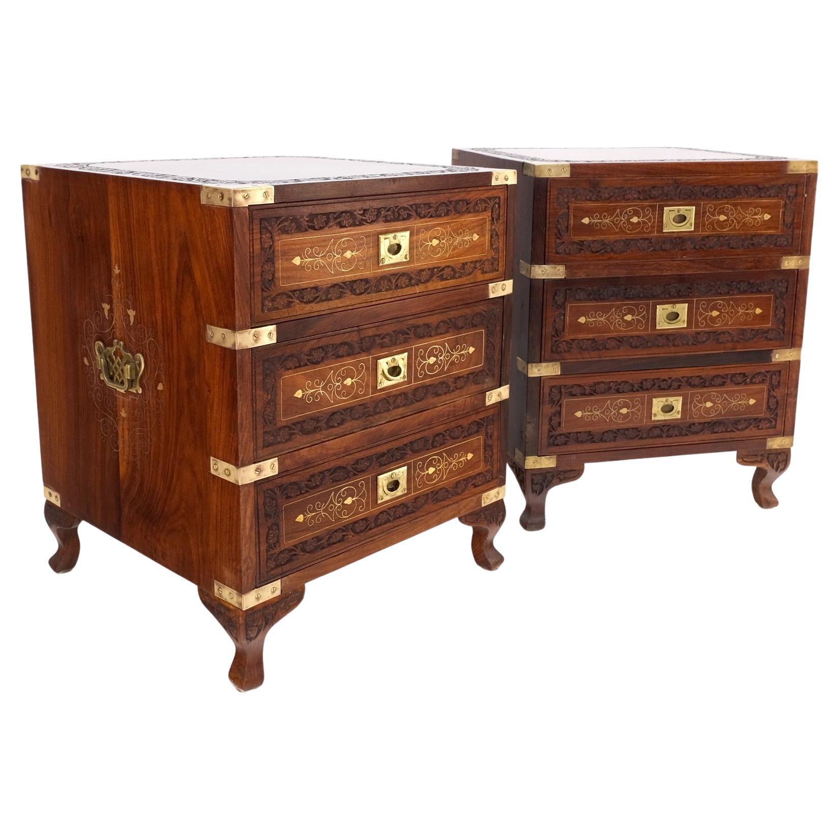 Pair of Stunning Anglo-Indian 3 Drawer Solid Rosewood Campaign Style Fine Brass Inlay Decorated Nightstands End Tables