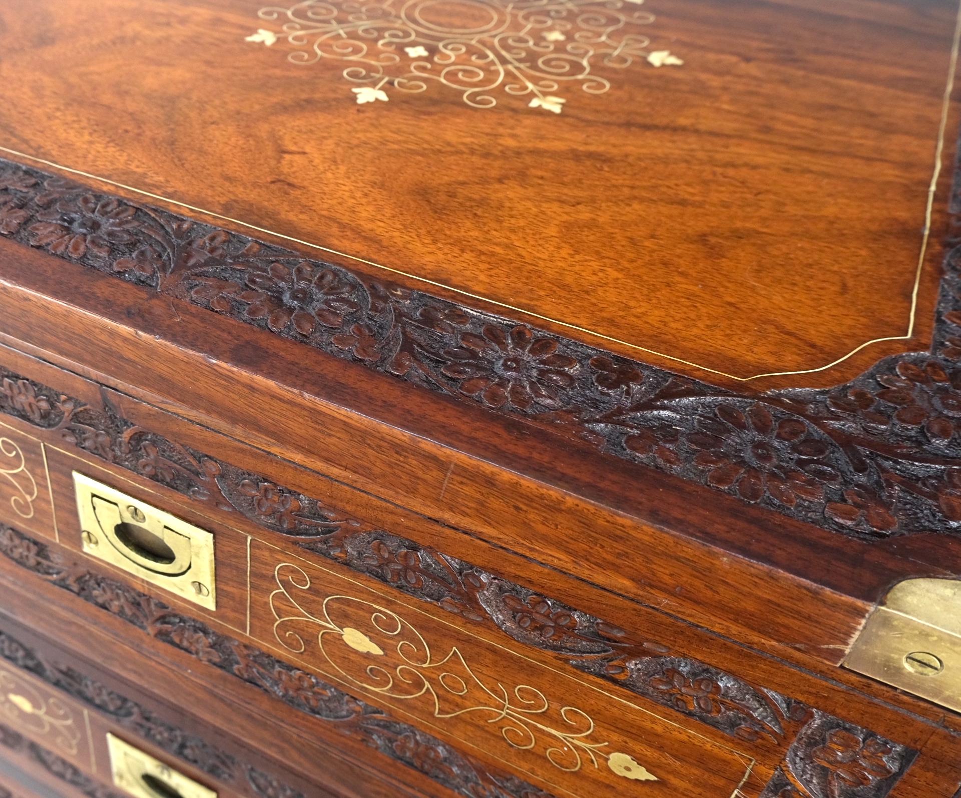 Pair 3 Drawer Solid Rosewood Campaign Style Brass Inlay Decorated Night Stands In Excellent Condition For Sale In Rockaway, NJ