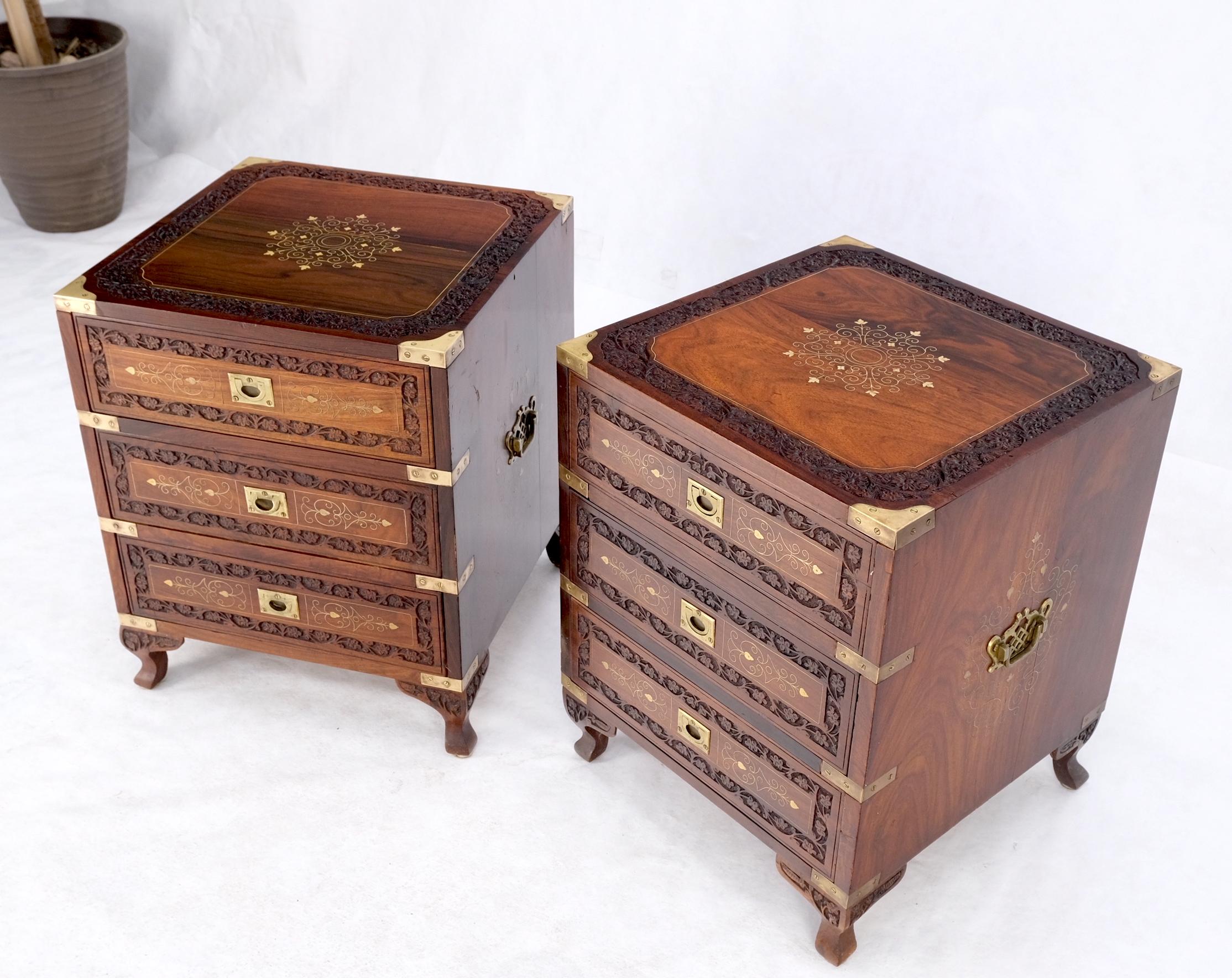 Pair 3 Drawer Solid Rosewood Campaign Style Brass Inlay Decorated Night Stands For Sale