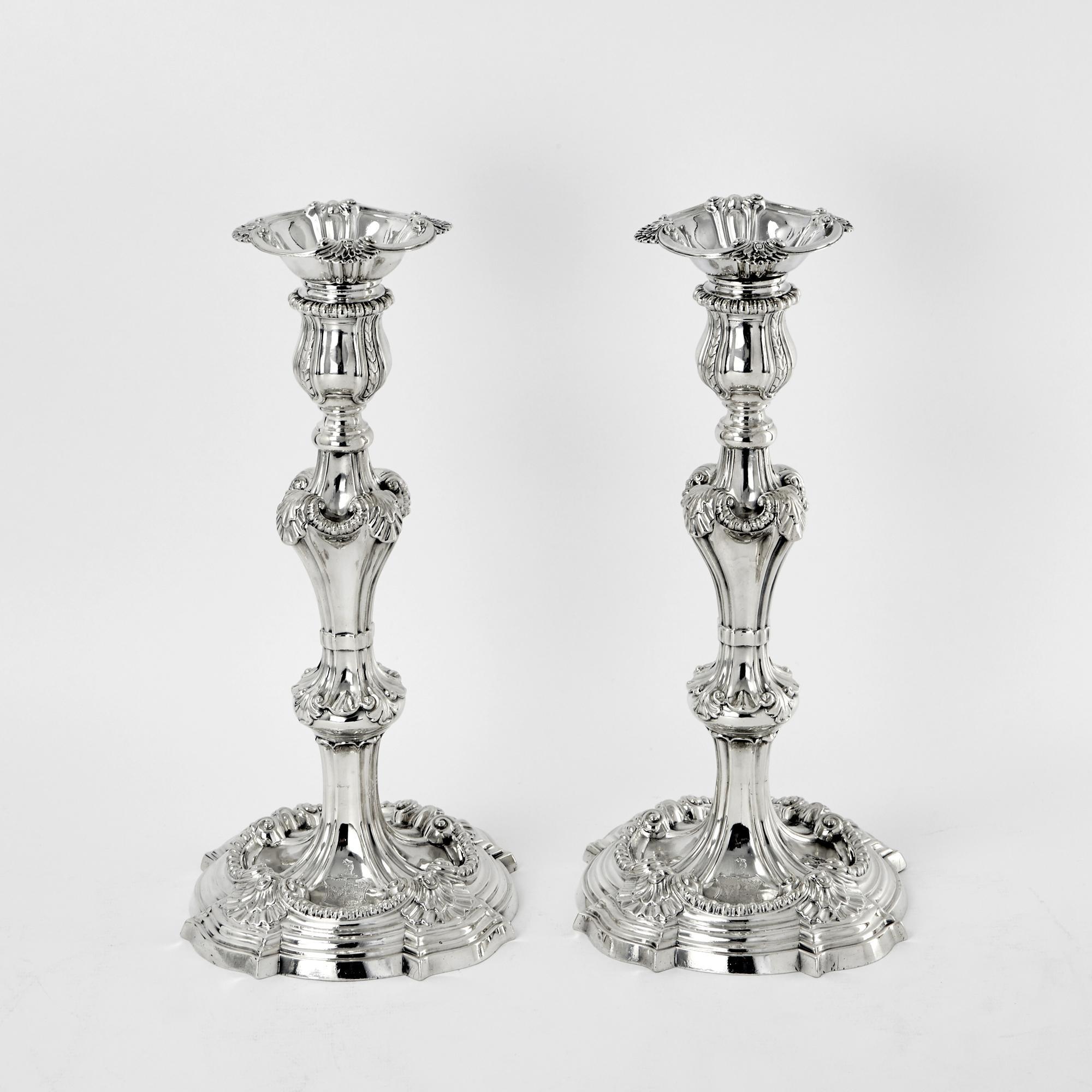 English Pair of 3-Light George III Cast Silver Candelabras For Sale