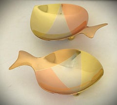 Pair 3-metal Fish Form Small Footed Vessels by E. Cabello, Mexico 1960s