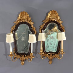 Pair 30" English Carved Mahogany & Gilt Wood Mirrored 2-Light Wall Sconces c1840