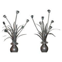 Pair 30s French Art Deco Silver Bronze Vase Flower Feuillage Accent Table Lamps