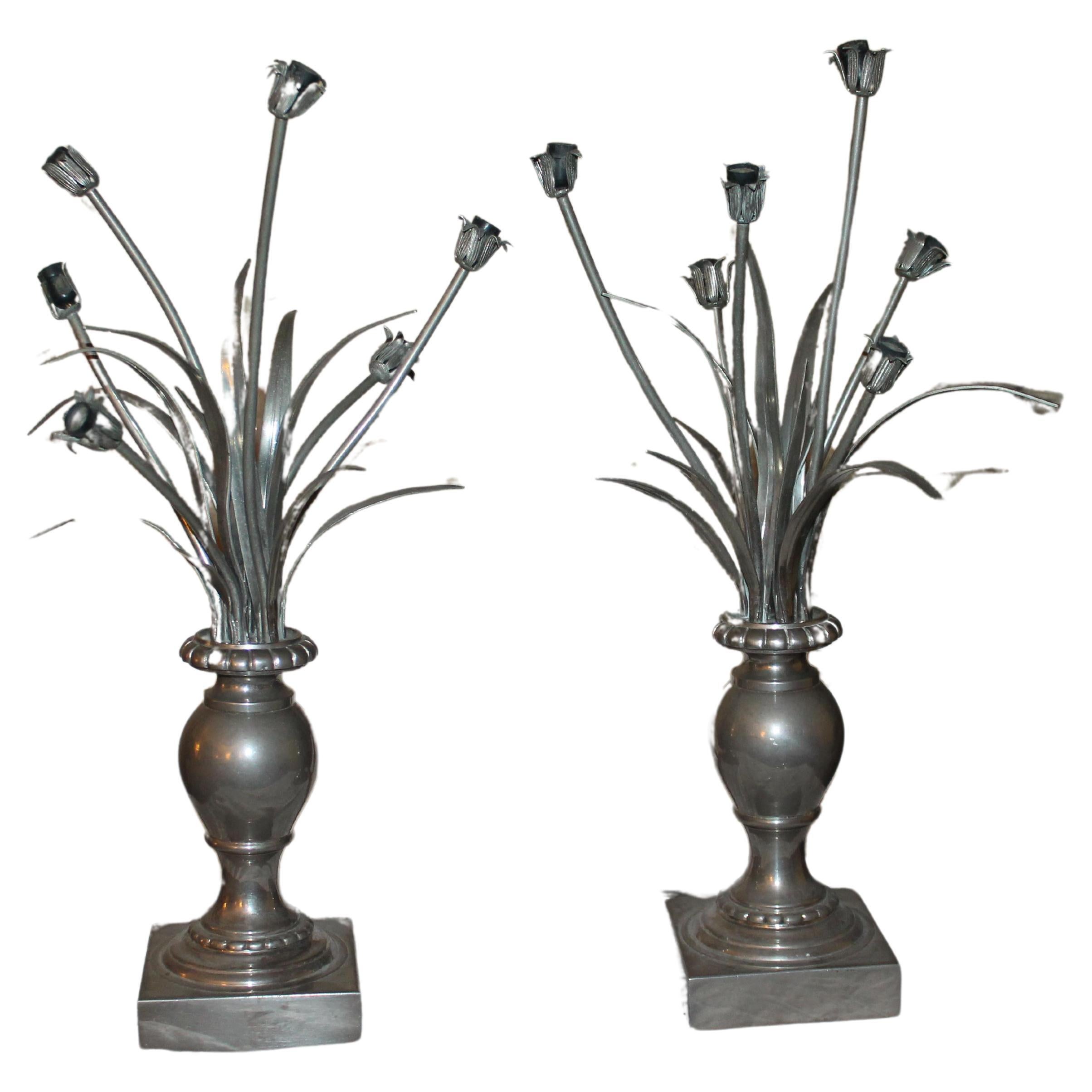 Pair 30s French Art Deco Silver Bronze Vase Flower Feuillage Accent Table Lamps For Sale