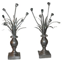 Pair 30s French Art Deco Silver Bronze Vase Flower Feuillage Accent Table Lamps