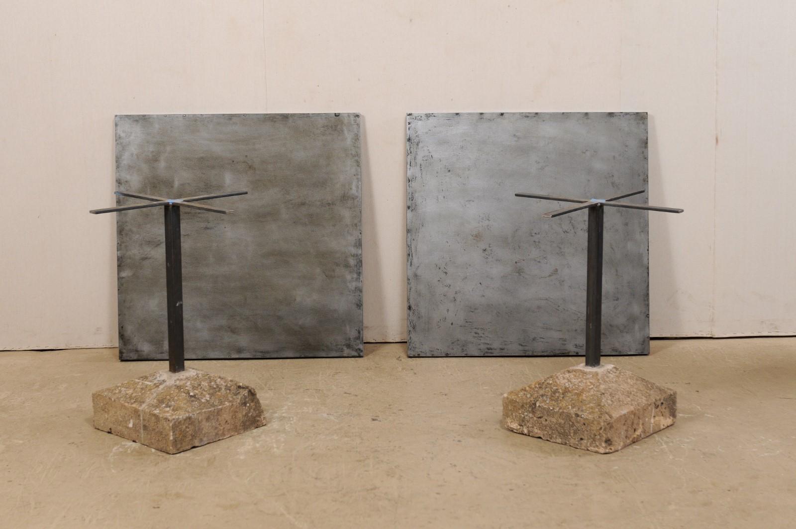 Pair of Square Iron Top and 19th Century Spanish Stone Plinth Base Custom Tables For Sale 8
