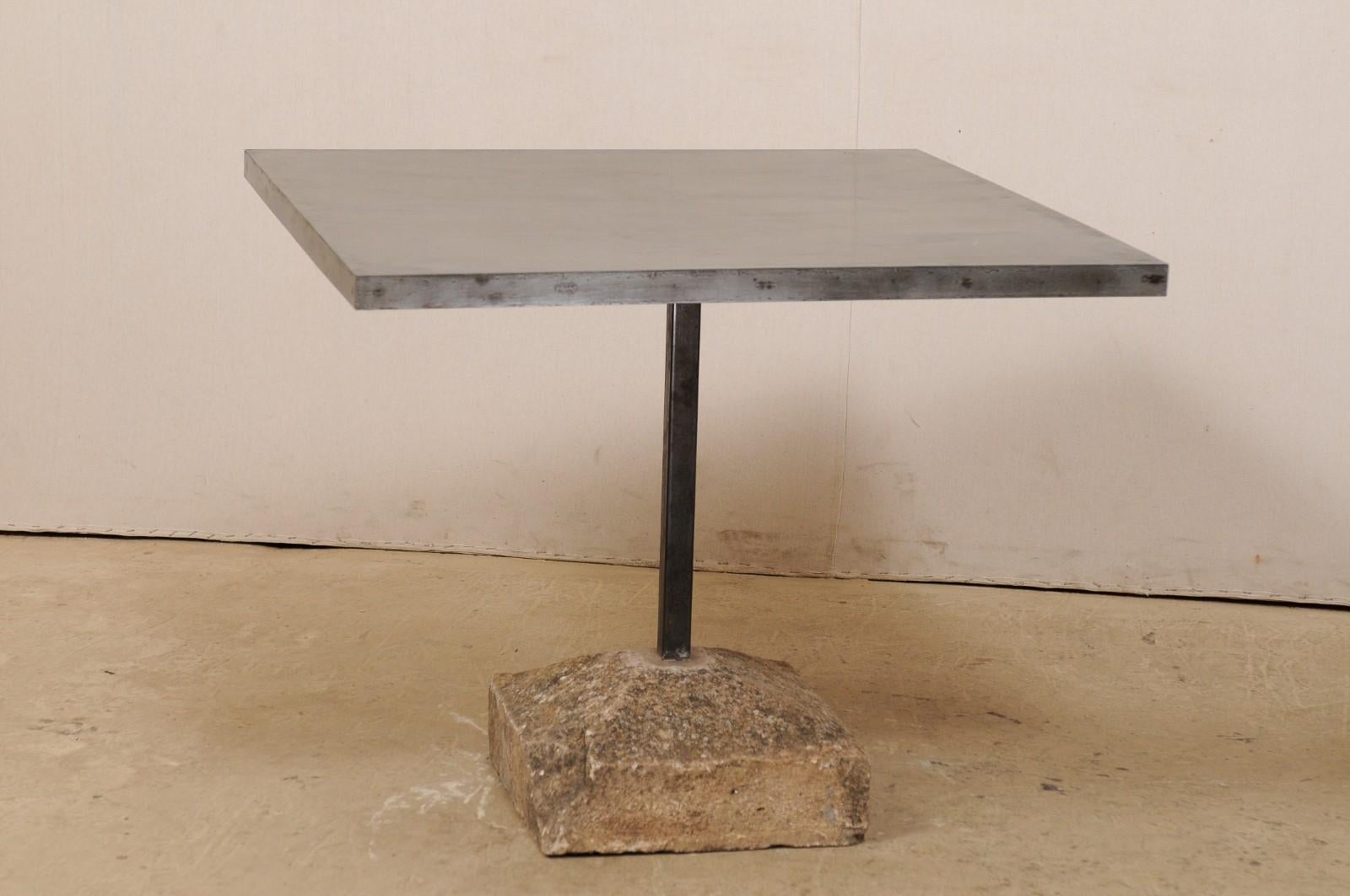Pair of Square Iron Top and 19th Century Spanish Stone Plinth Base Custom Tables In Good Condition For Sale In Atlanta, GA