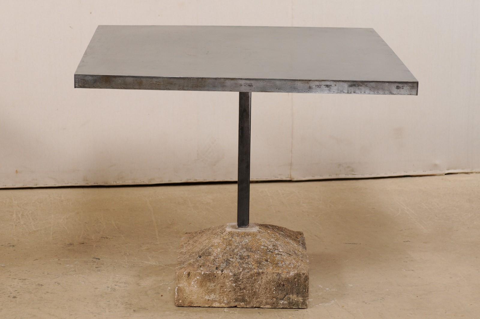 Pair of Square Iron Top and 19th Century Spanish Stone Plinth Base Custom Tables For Sale 1