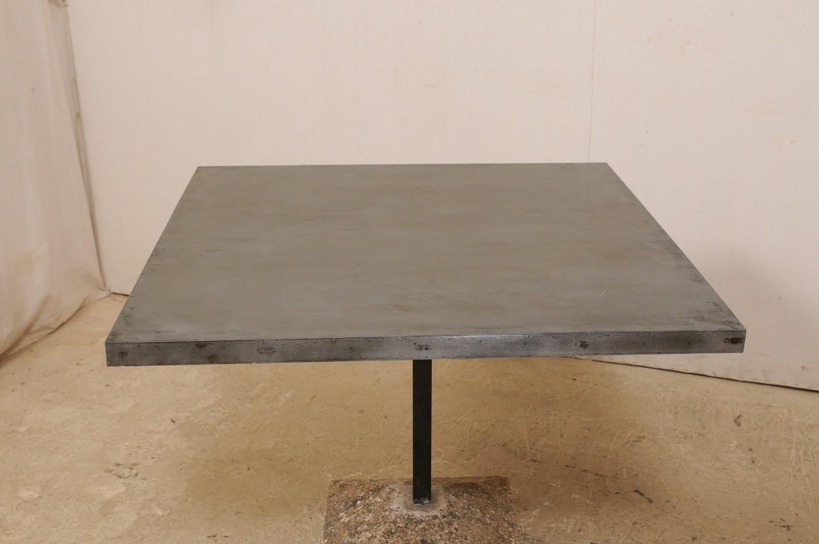 Pair of Square Iron Top and 19th Century Spanish Stone Plinth Base Custom Tables For Sale 2