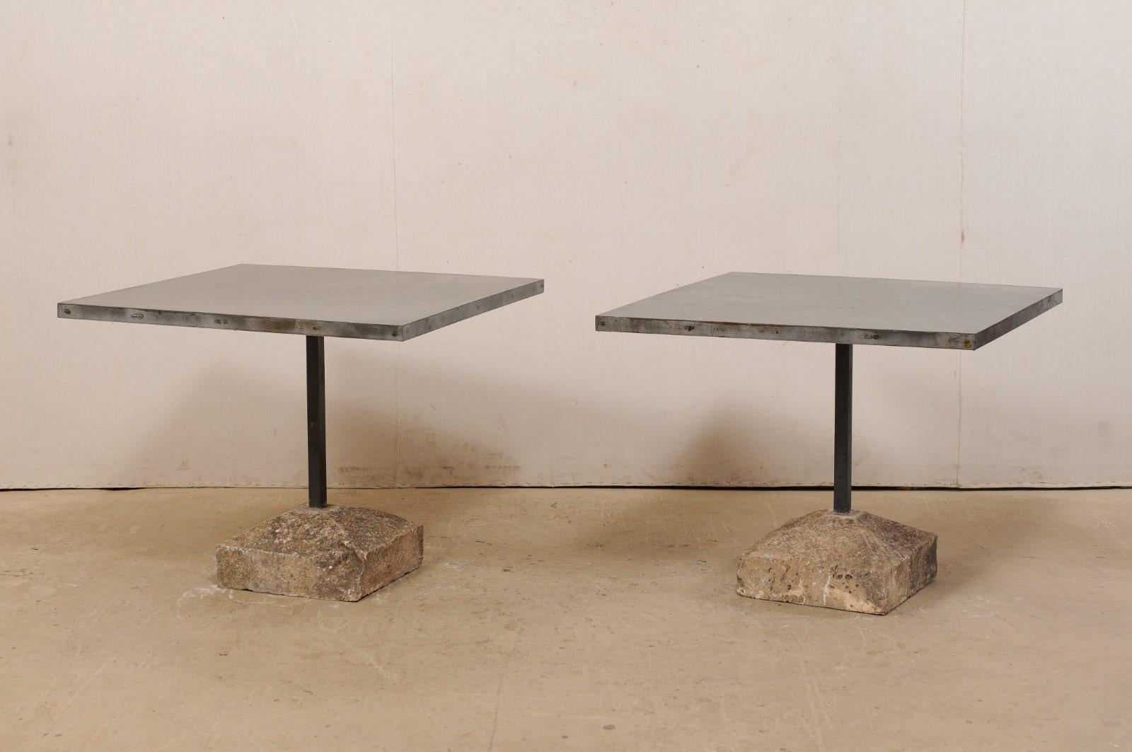Pair of Square Iron Top and 19th Century Spanish Stone Plinth Base Custom Tables For Sale 3