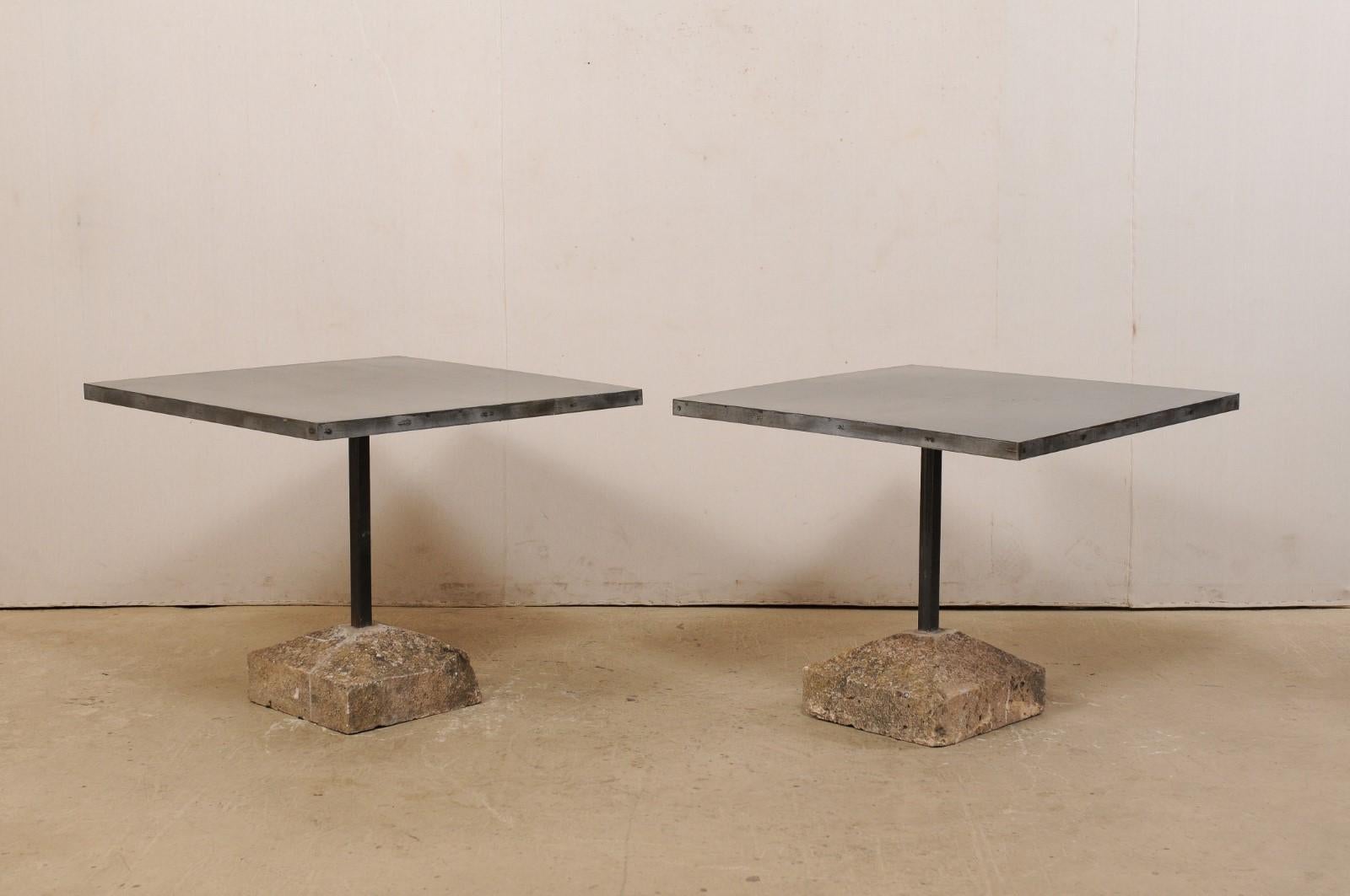 Pair of Square Iron Top and 19th Century Spanish Stone Plinth Base Custom Tables For Sale 4