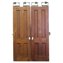 Antique Pair 4 Pane Pine Pocket Doors w/ Original Rollers Combined