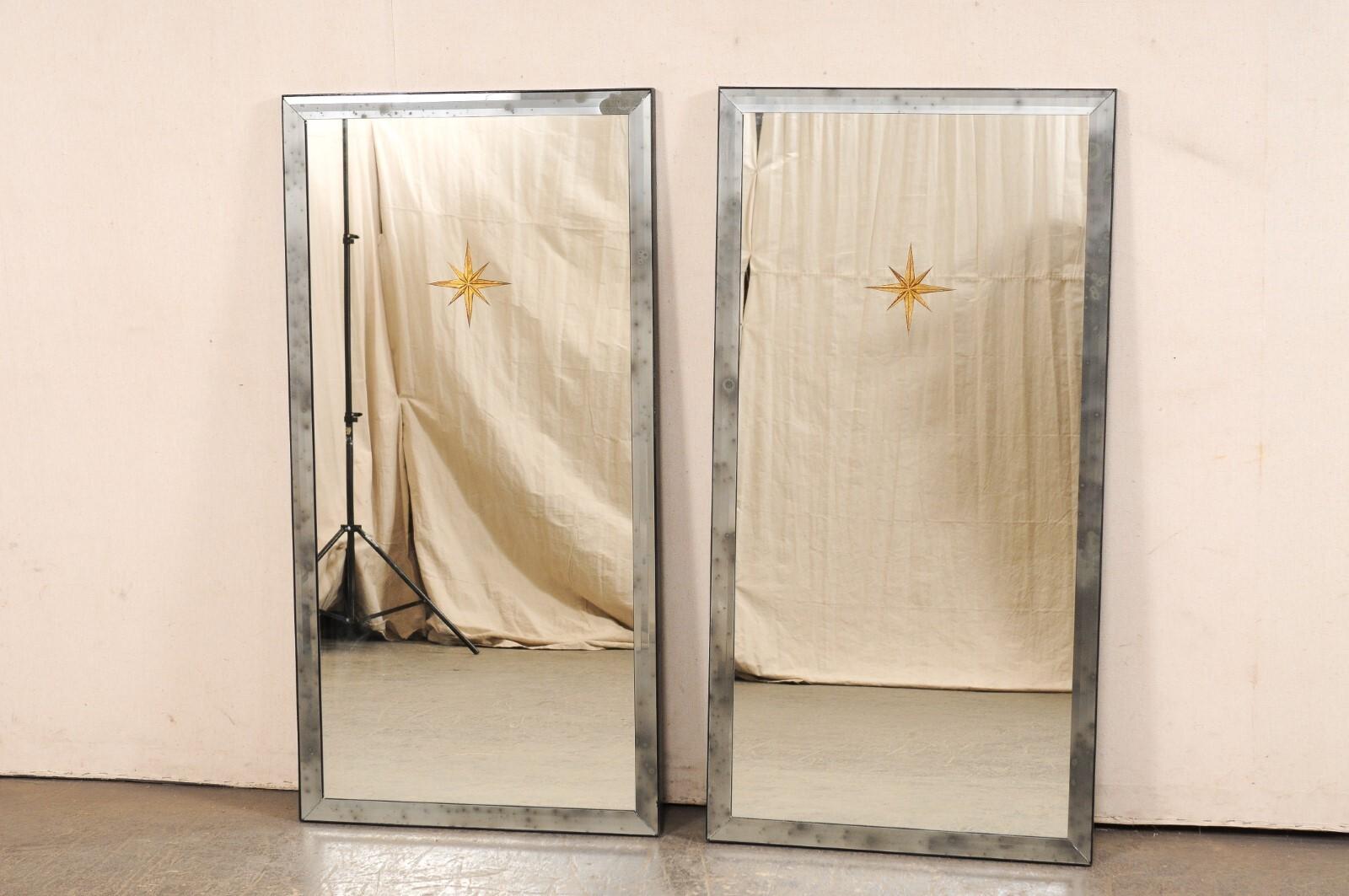American Pair 4' Tall Artisan Mirrors w/Gold Starburst Accents & Antiqued Glass Surrounds