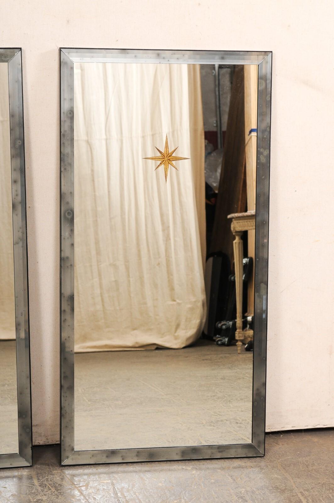 Contemporary Pair 4' Tall Artisan Mirrors w/Gold Starburst Accents & Antiqued Glass Surrounds