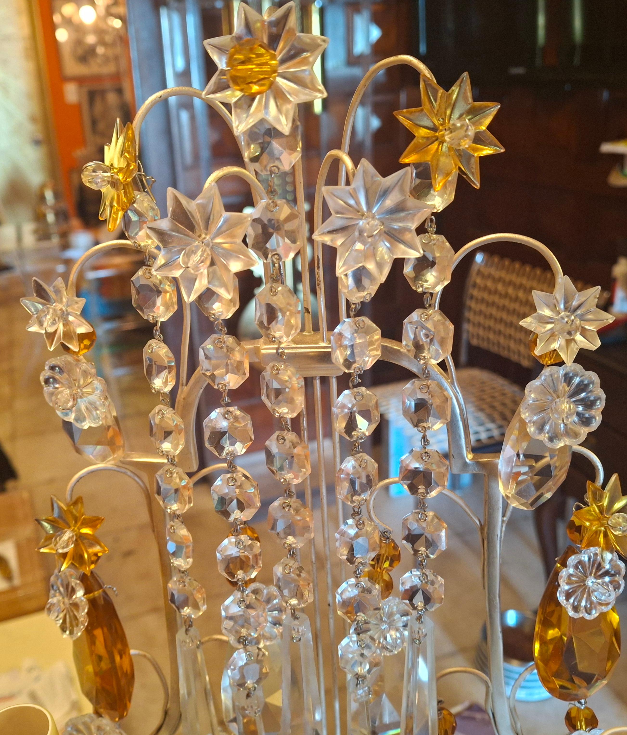 Pärchen '40er Jahre Französisch Regency Bernstein & Clear Crystal Lyre zurück Girandolen / Tischlampen im Angebot 10