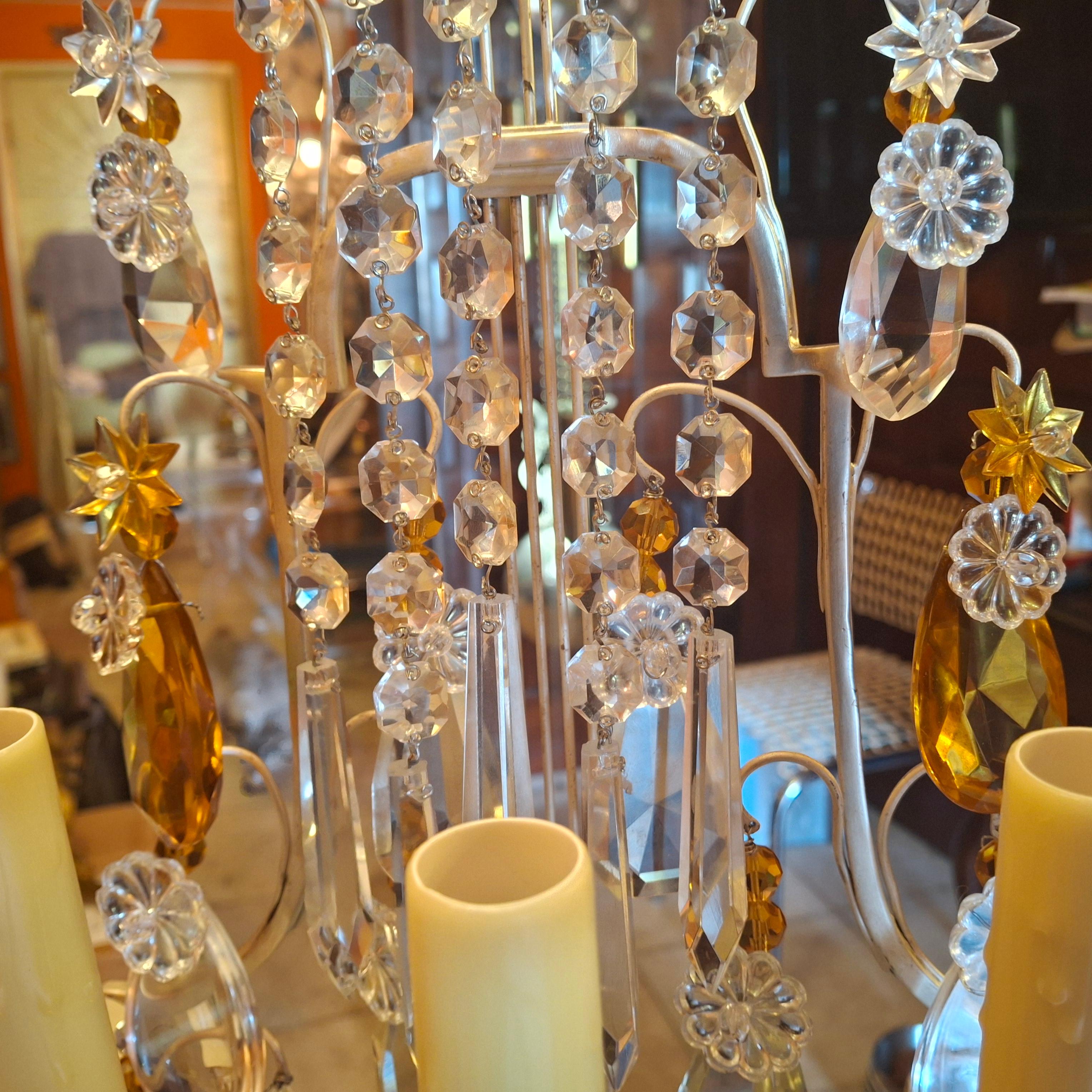 Pärchen '40er Jahre Französisch Regency Bernstein & Clear Crystal Lyre zurück Girandolen / Tischlampen im Angebot 14