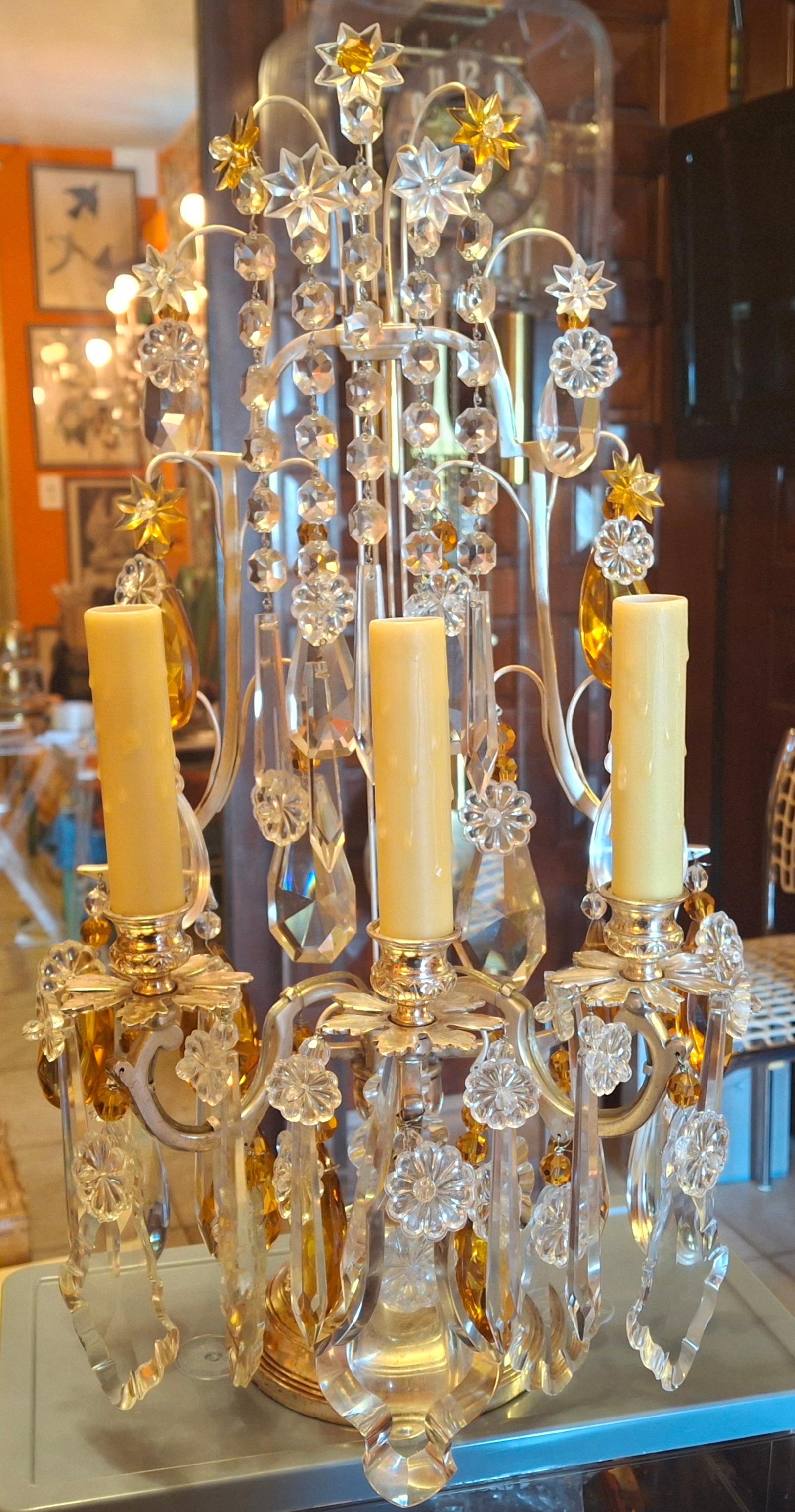 Pärchen '40er Jahre Französisch Regency Bernstein & Clear Crystal Lyre zurück Girandolen / Tischlampen (Mitte des 20. Jahrhunderts) im Angebot